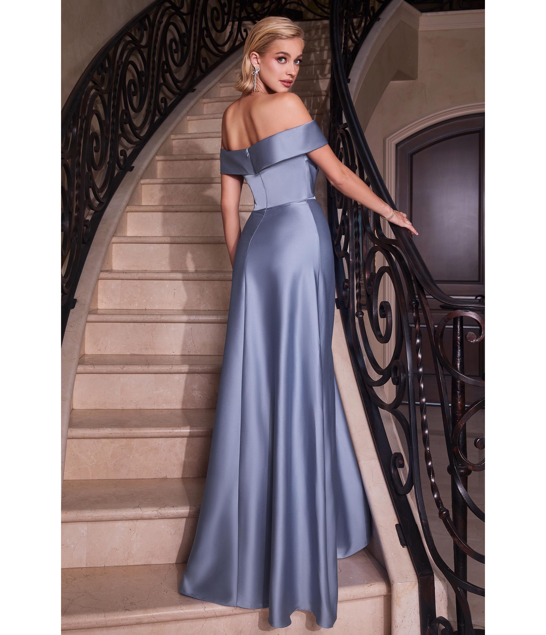 Ladivine by Cinderella Divine Paris Blue Satin Off The Shoulder Prom Gown