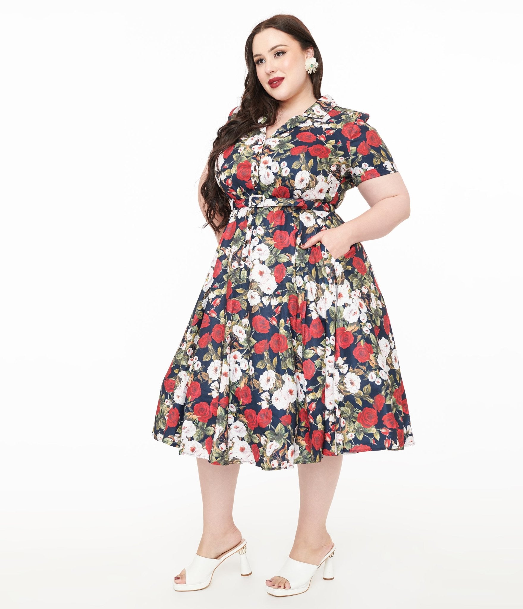 Royal Monk Plus Size 1950s Dark Rose Fit & Flare Dress