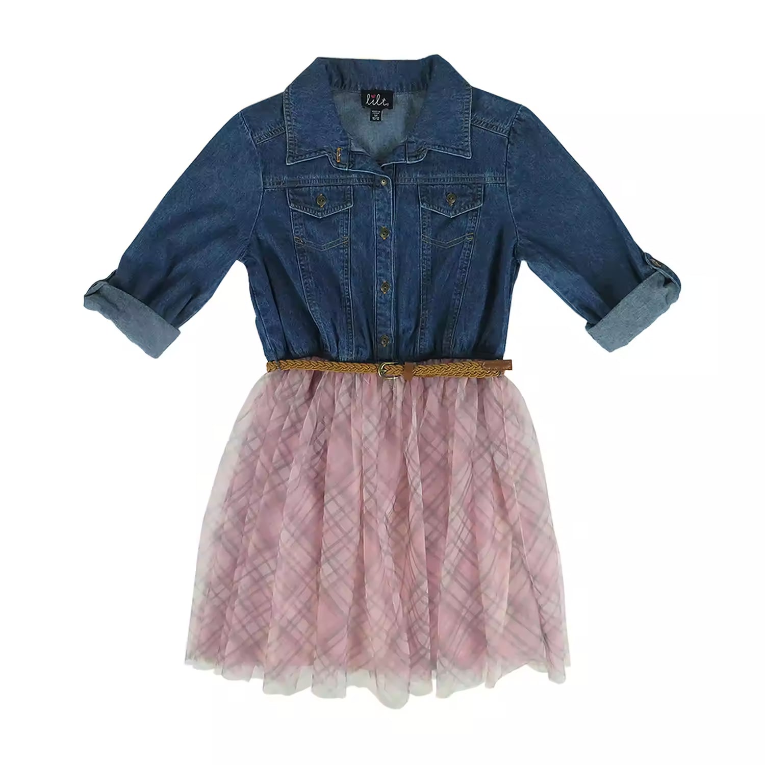 Lilt Girls 3/4 Sleeve Shirt Dress, DENIM PINK XL (18.5)