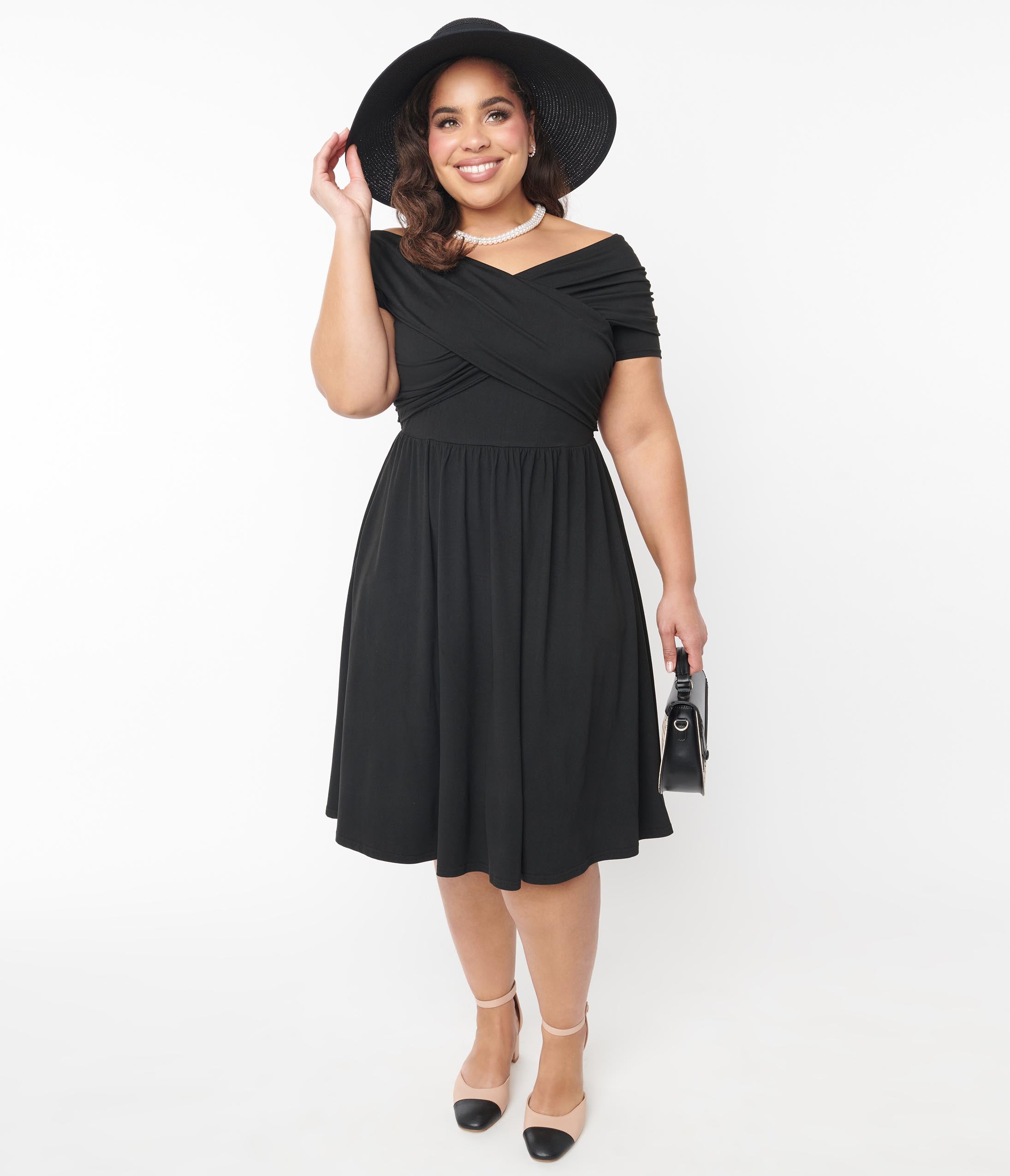 Unique Vintage Curve Black Shirred Swing Dress