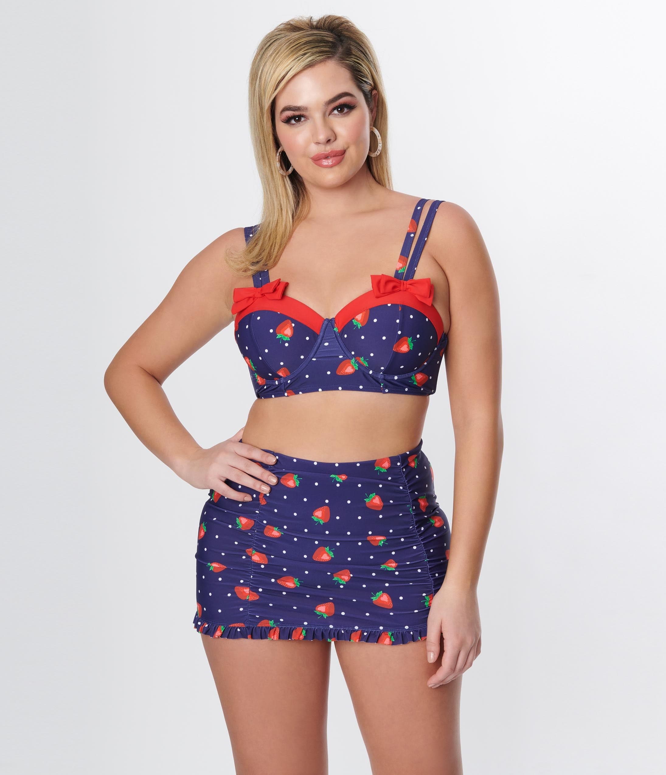 Unique Vintage Navy Strawberry Pin Dot Ruffled Swim Skirt