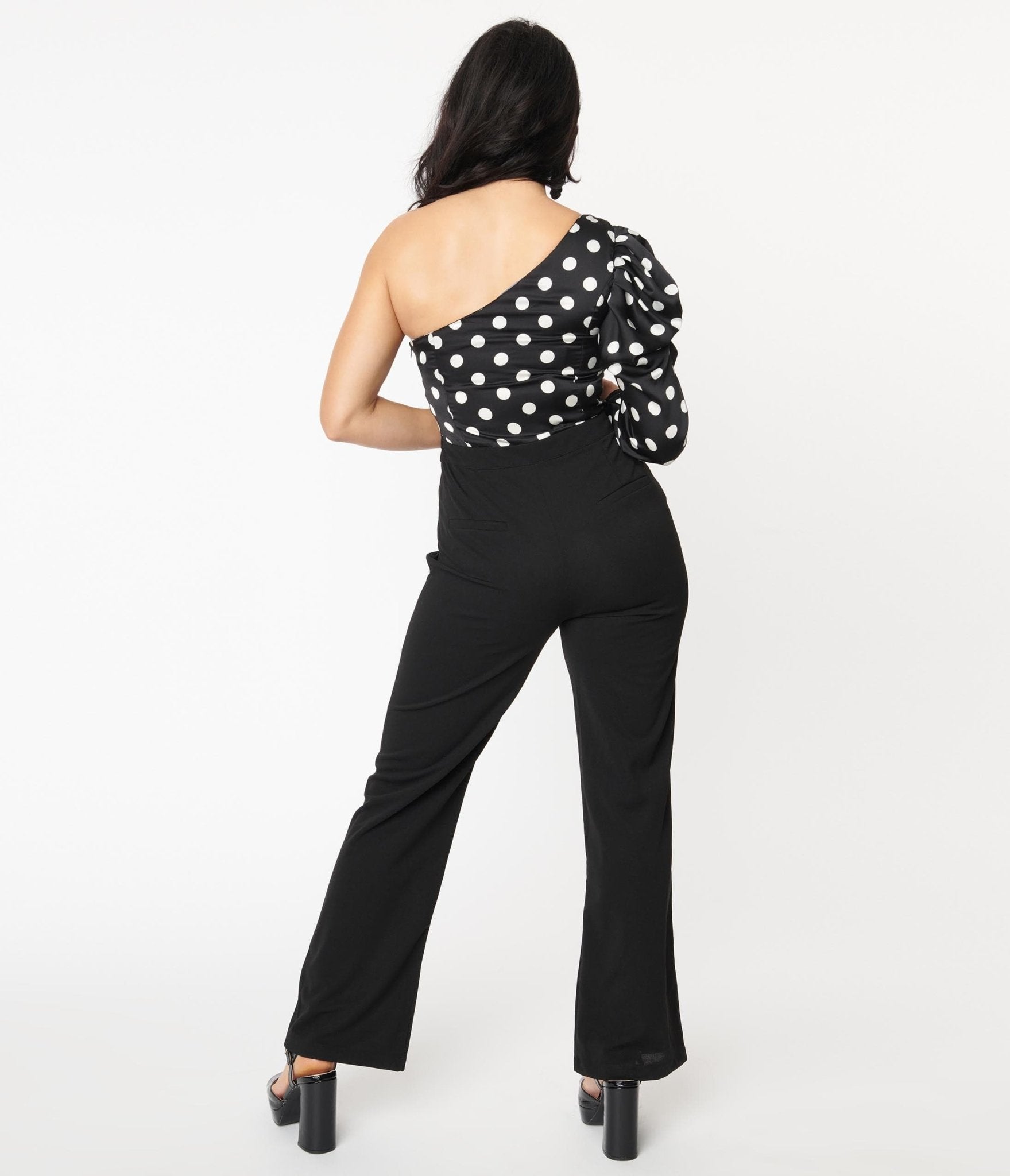 1970s Black & White Polka Dot One Shoulder Jumpsuit