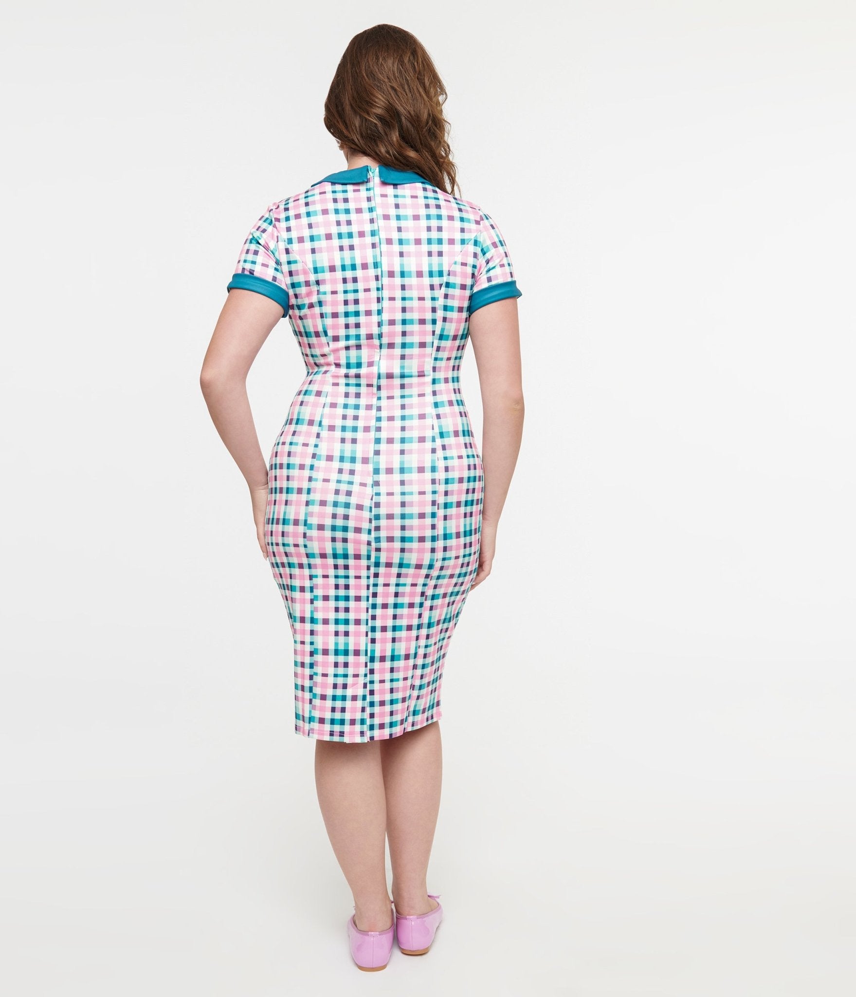 Dolly & Dotty 1950s Pink & Teal Plaid Toni Pencil Dress