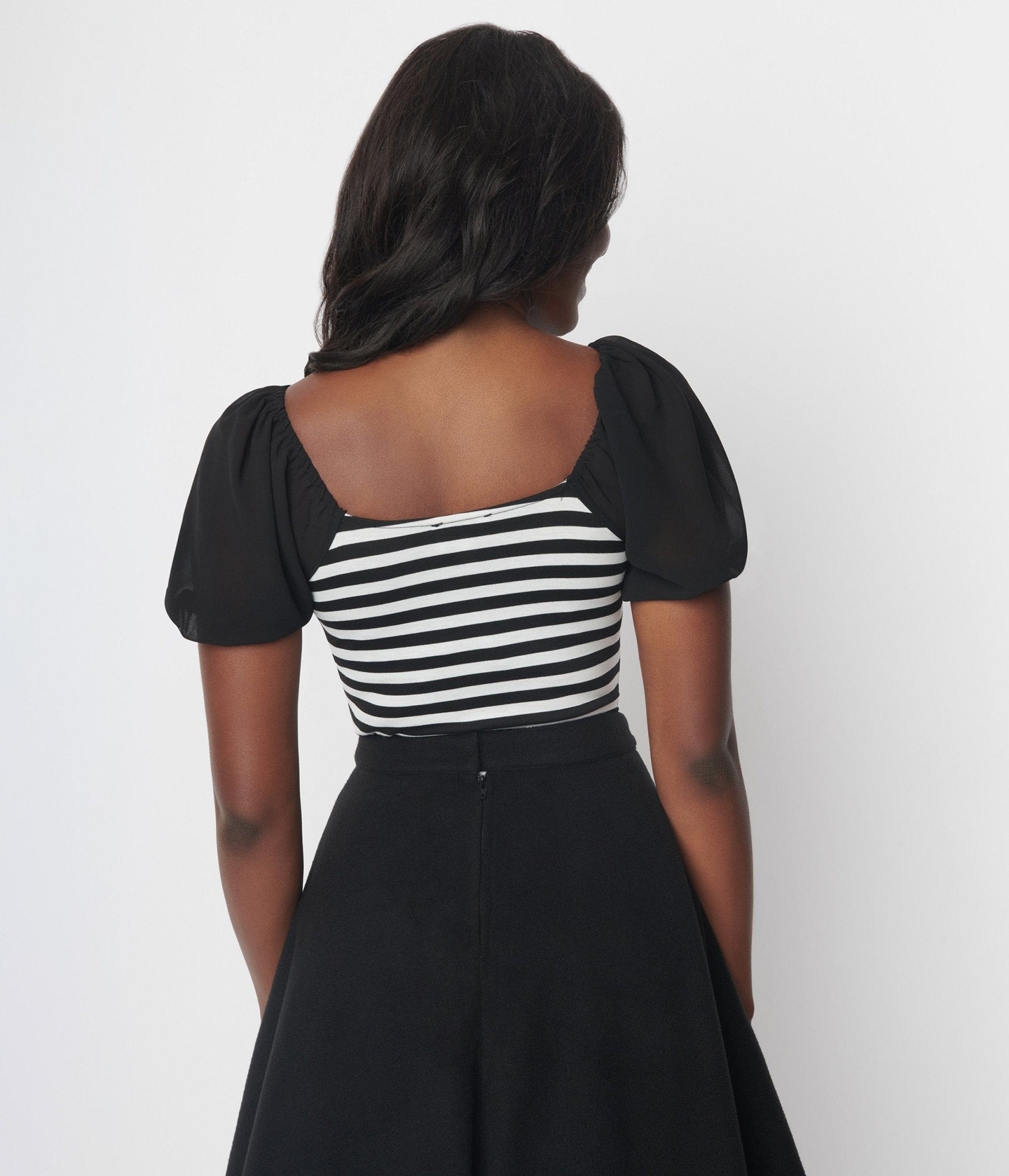 Unique Vintage 1940s Black & White Stripe Chiffon Puff Sleeve Bodysuit