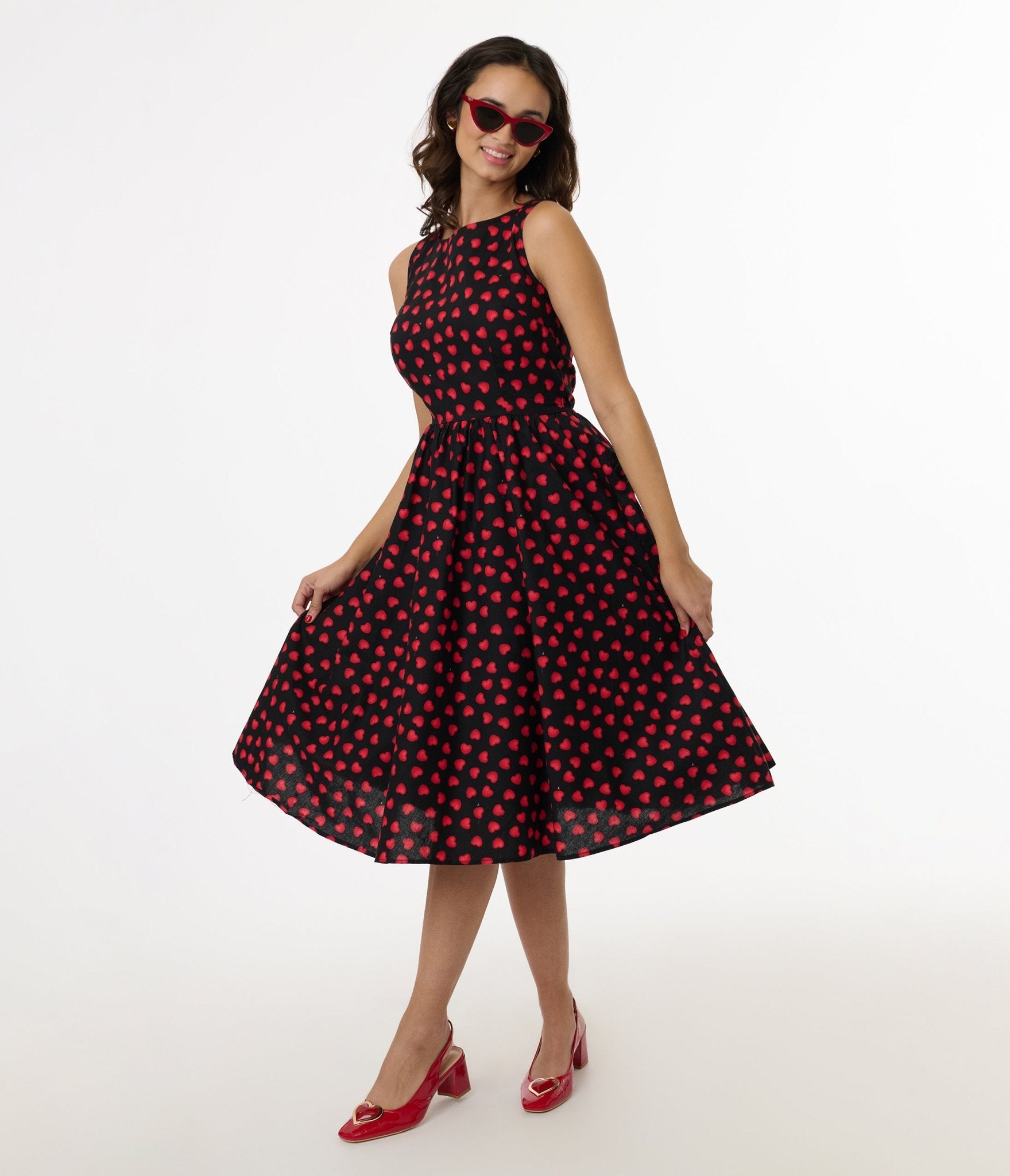 Retrolicious 1950s Black & Red Heart Cotton Swing Dress