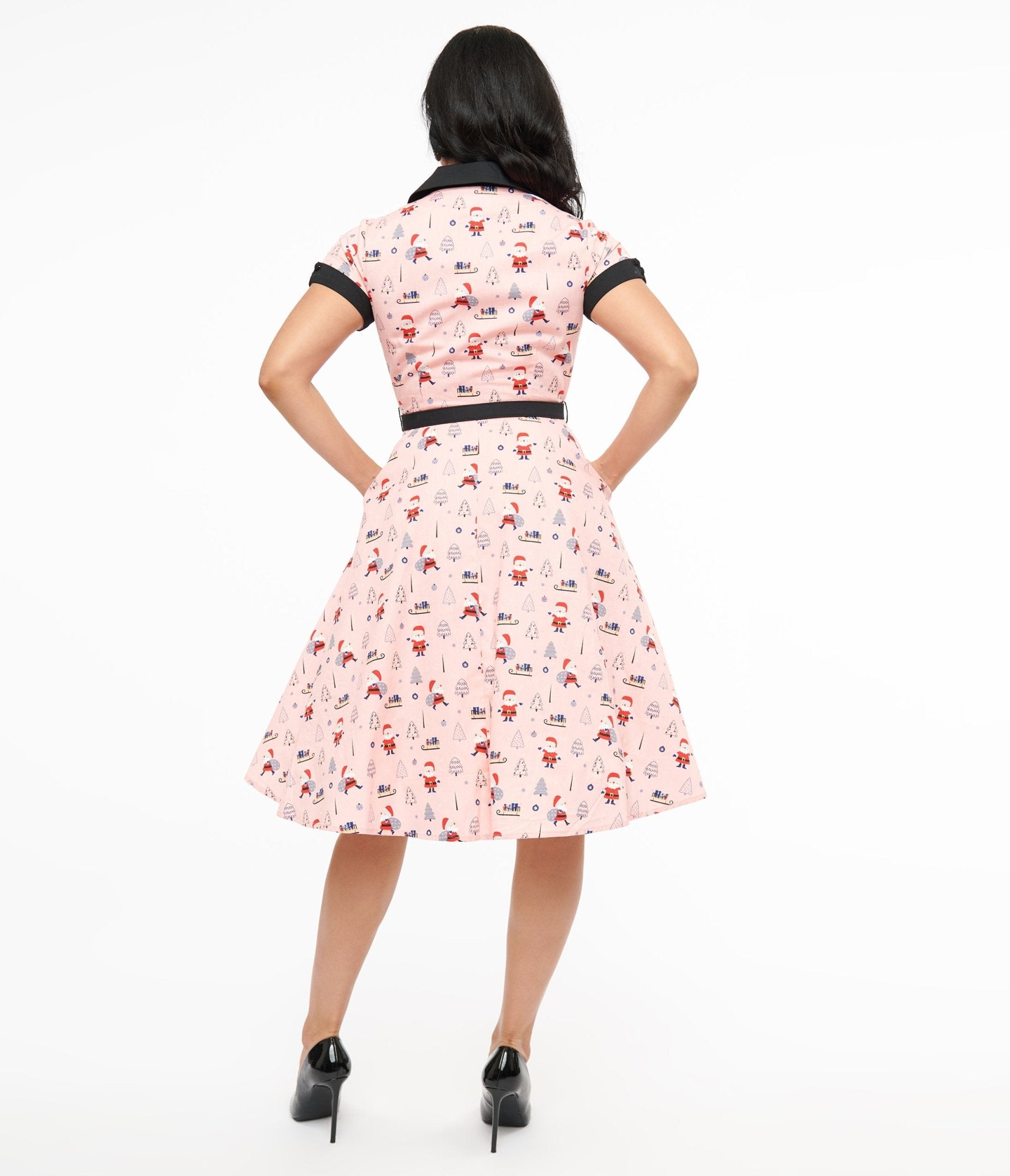 Unique Vintage 1950s Pink Santa Print Alexis Swing Dress