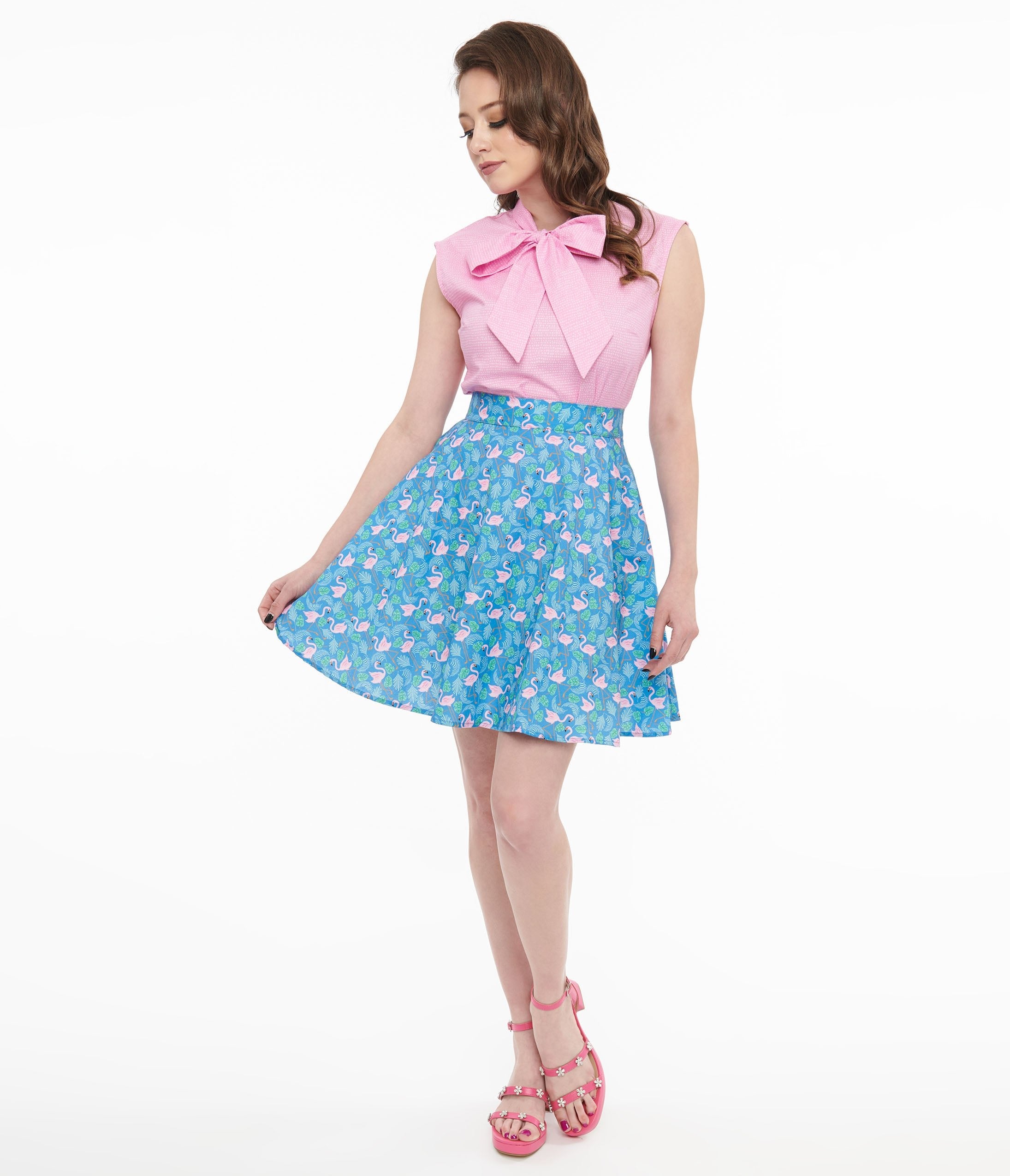 Retrolicious 1950s Blue & Pink Flamingo Print Cotton Skater Skirt