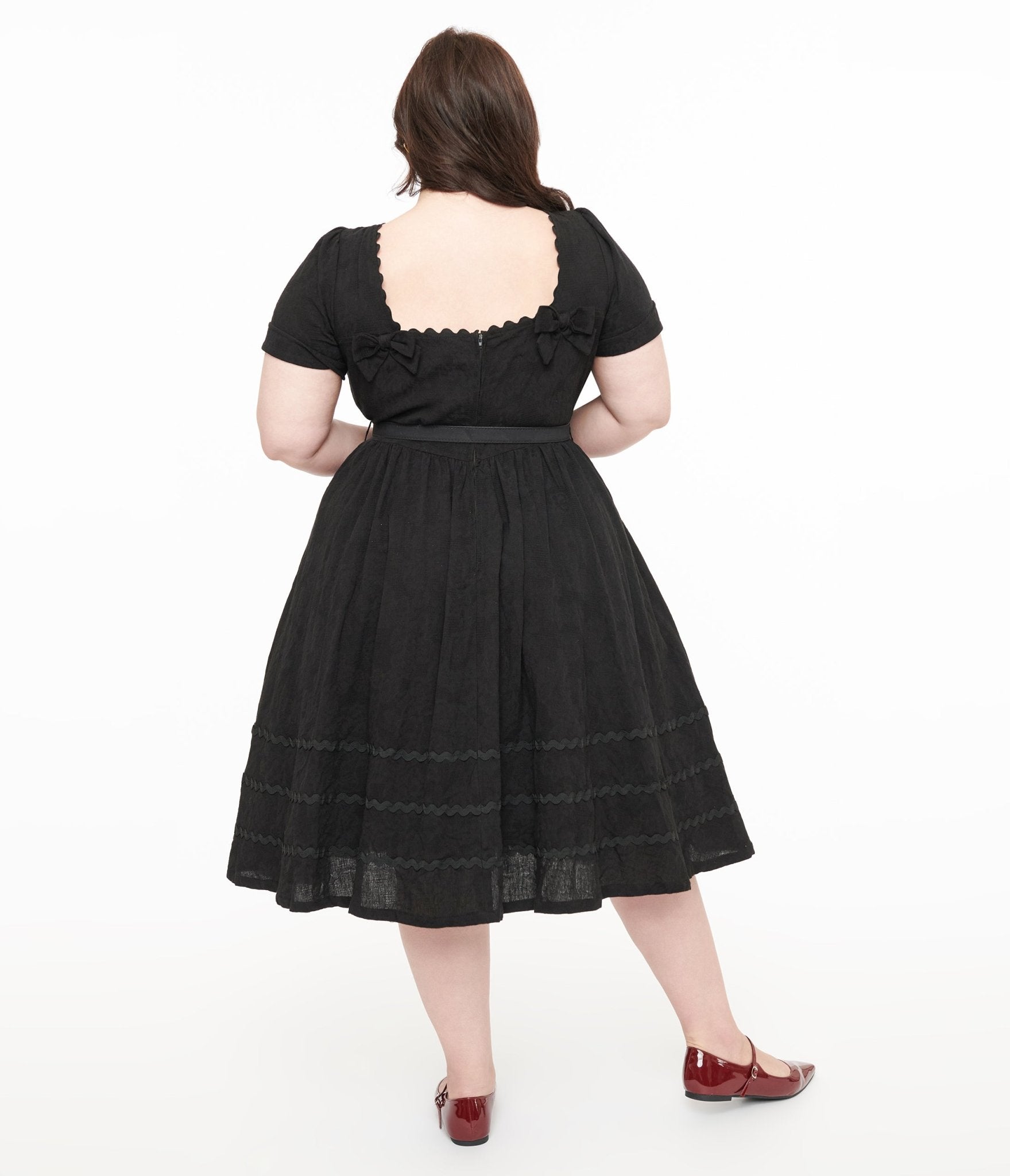 Unique Vintage Plus Size 1950s Black Holiday Floral Pin Cotton Swing Dress