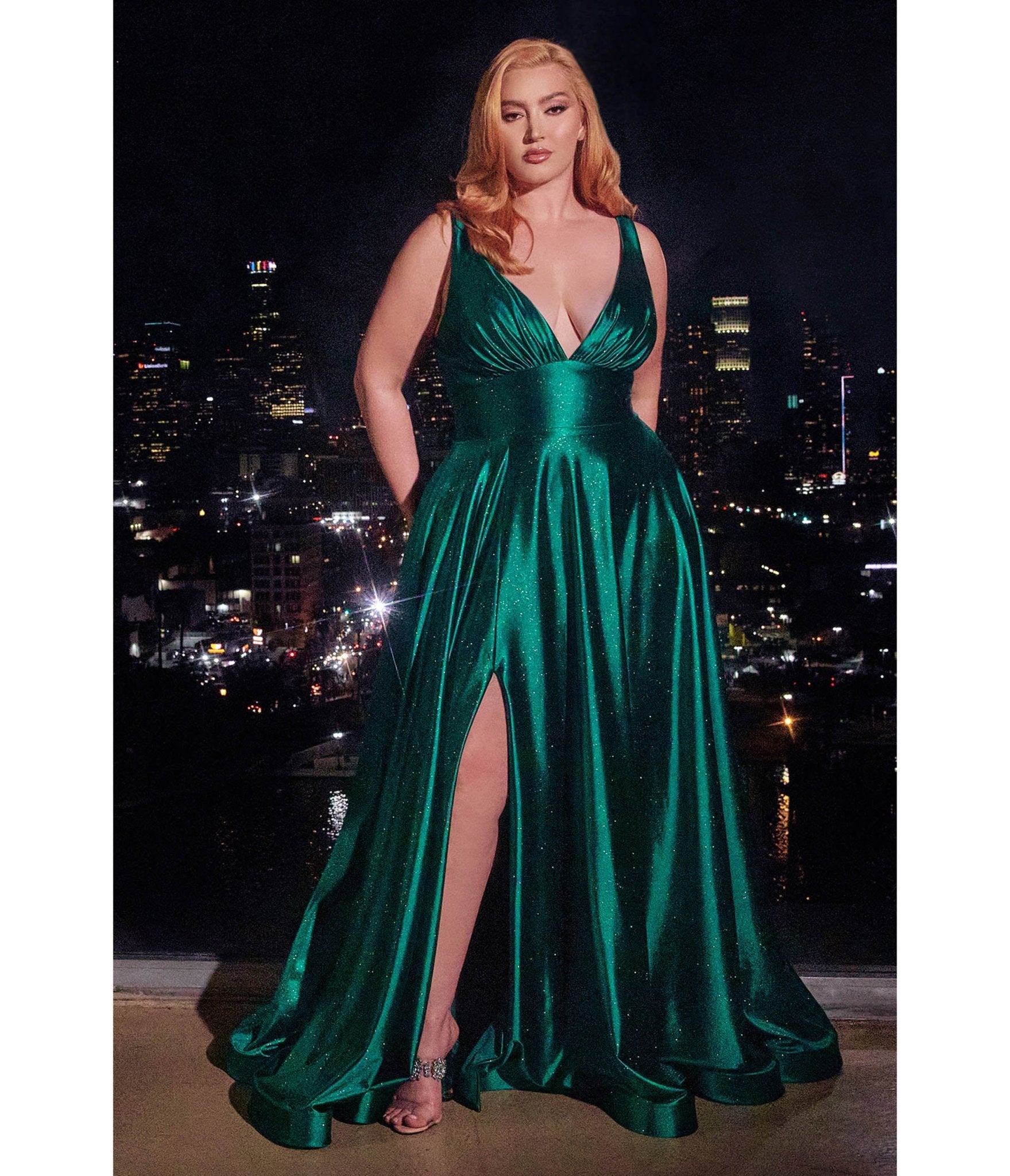 Ladivine by Cinderella Divine Plus Size Emerald Satin Prom Dress