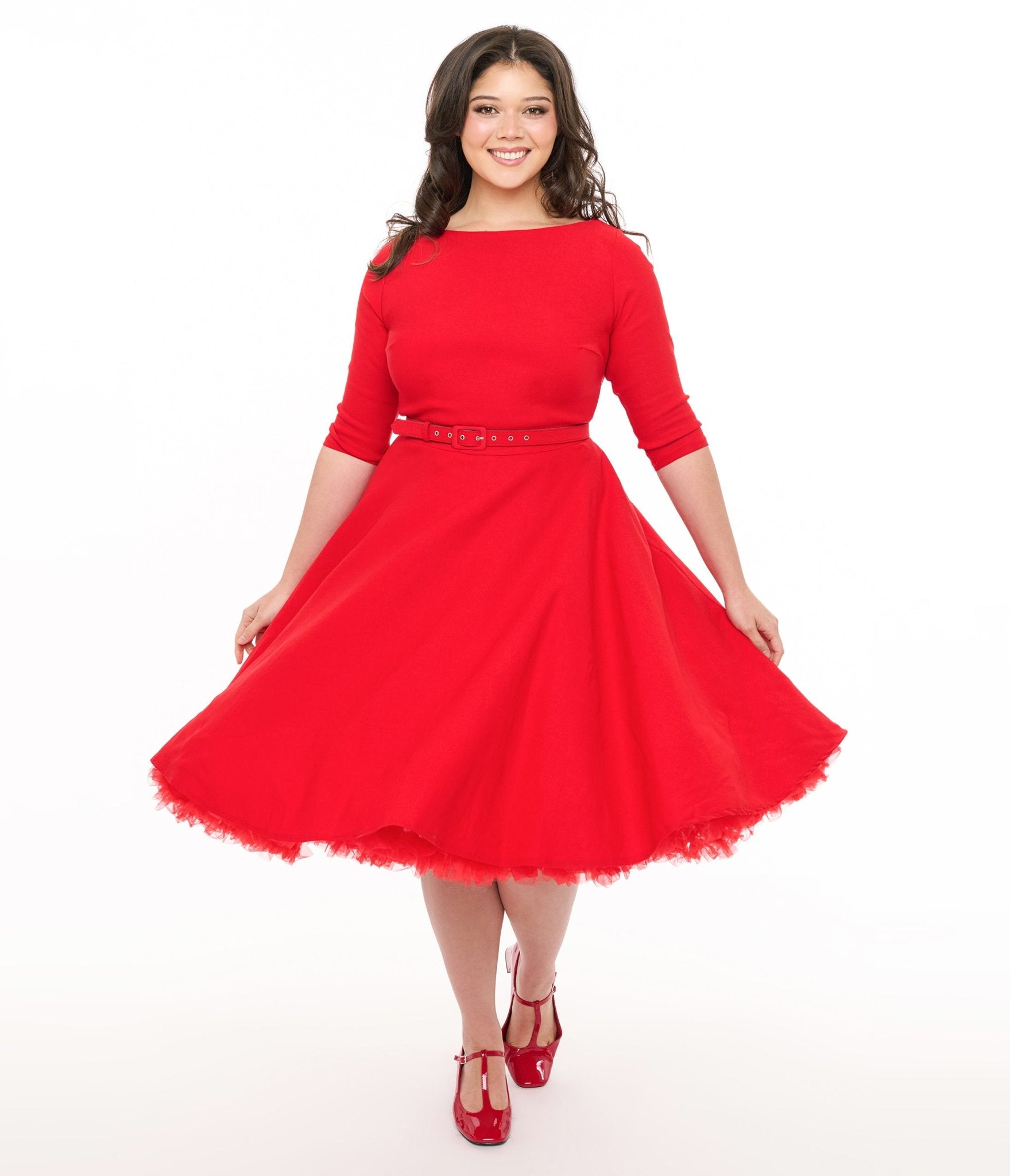 Unique Vintage Plus Size 1950s Bright Red Devon Swing Dress