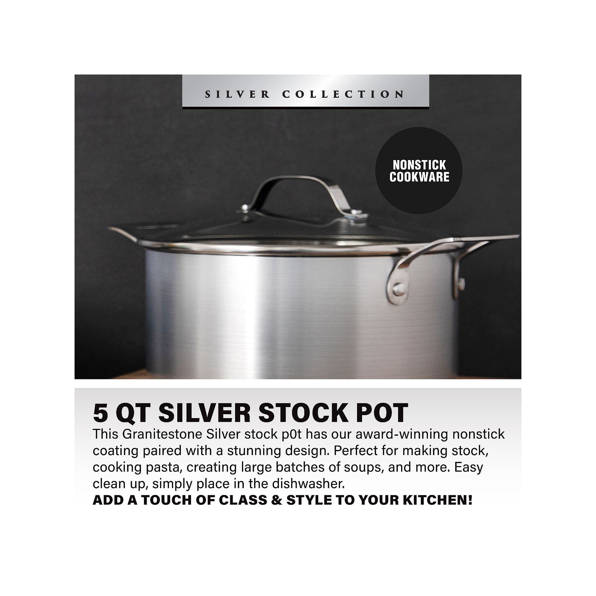 Granitestone Silver 5-Qt. Nonstick With Tempered Glass Lid Aluminum Dishwasher Safe Non-Stick Stockpot - SILVER ONE SIZE