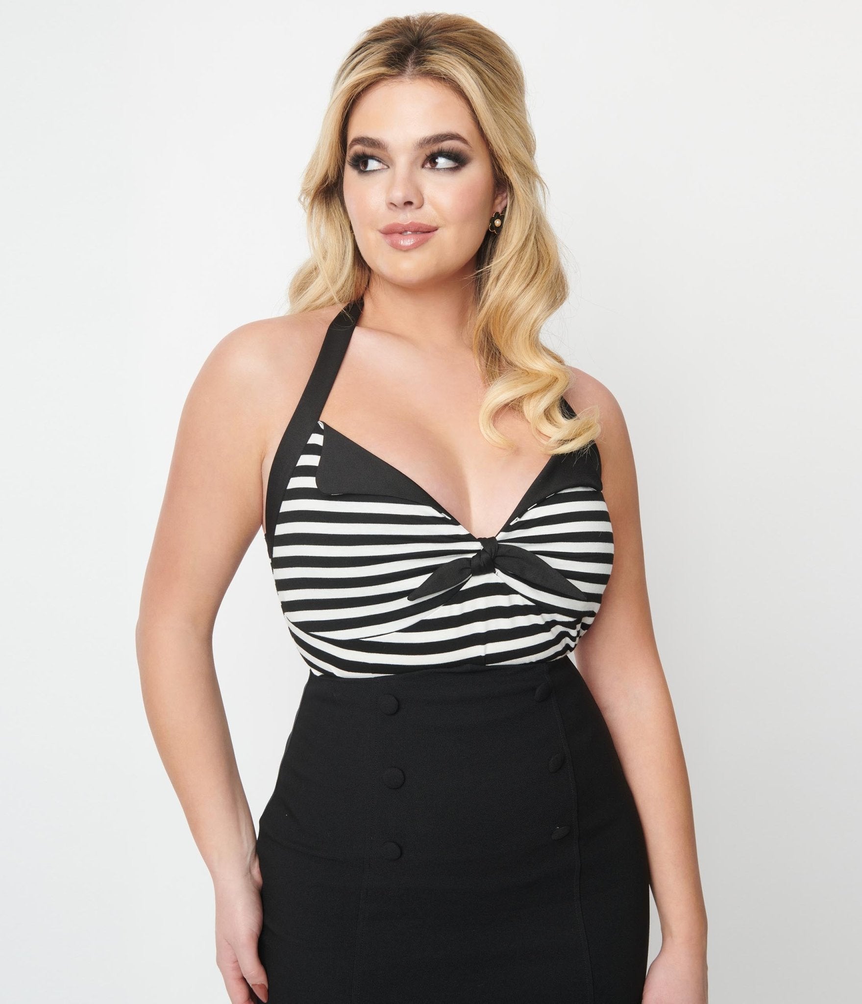 Unique Vintage Black & White Striped Halter Top