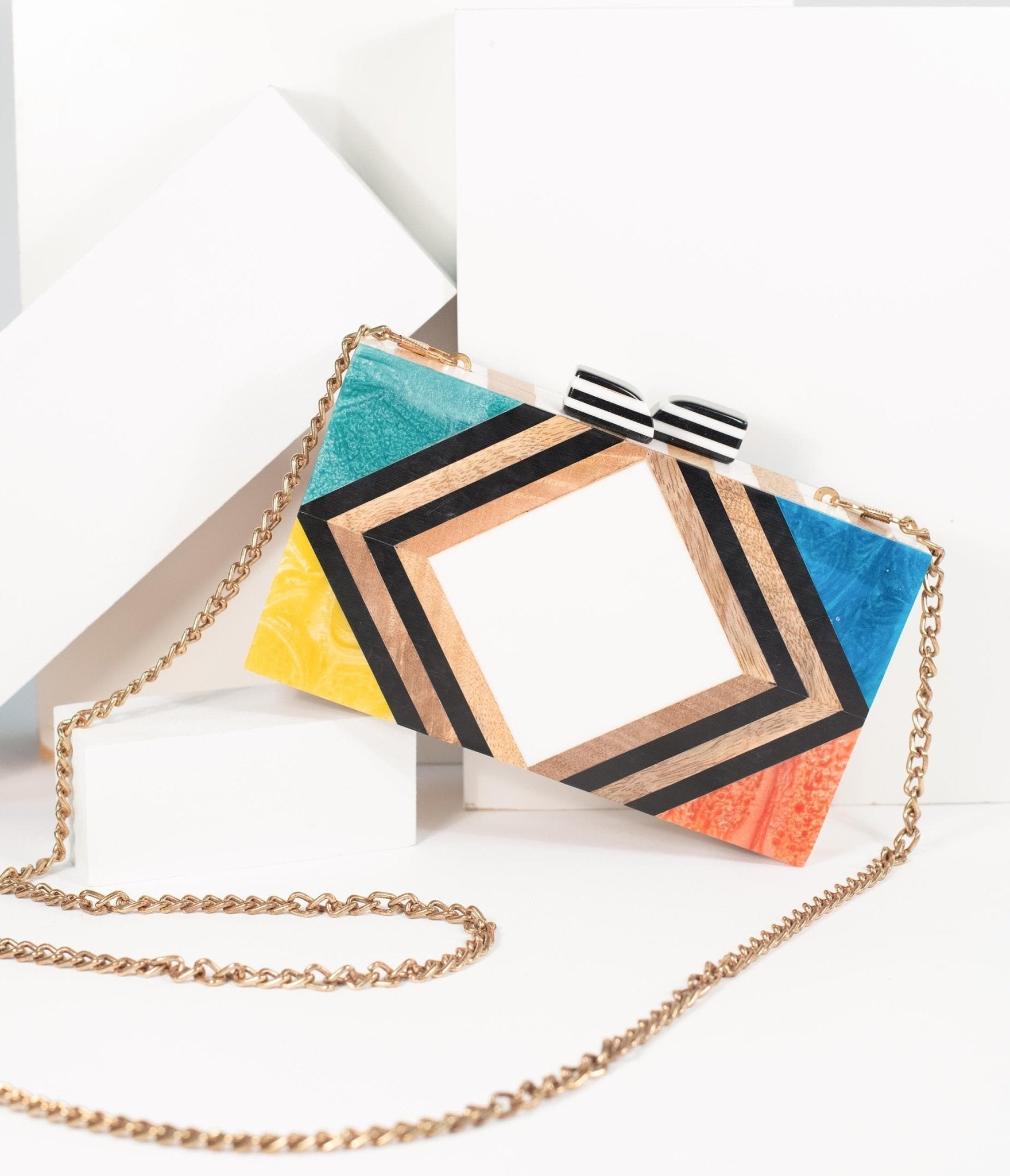 1960s Style Rainbow Chevron Wood & Resin Hard Clutch