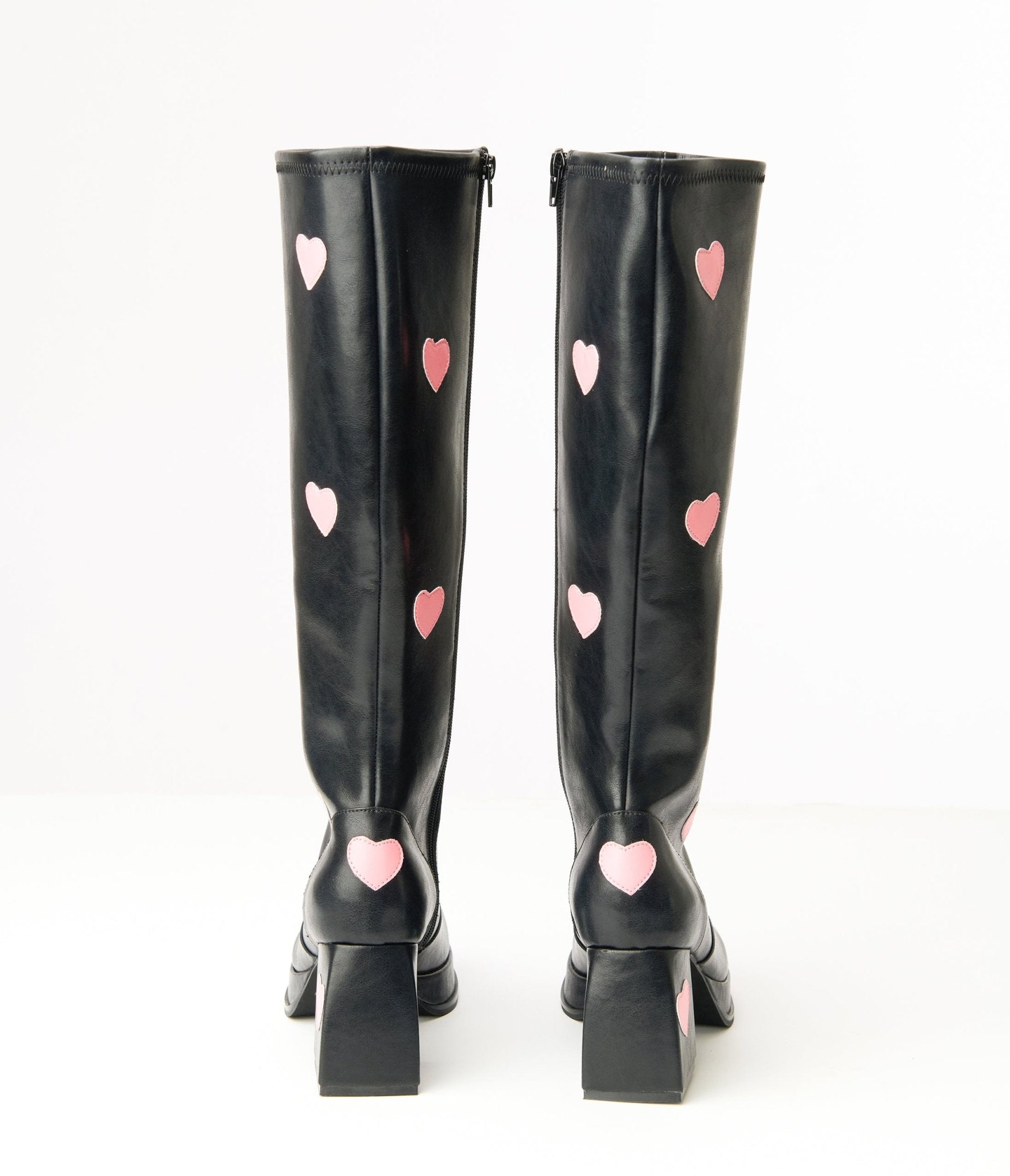 Unique Vintage Black & Pink Hearts Leatherette Knee High Boots