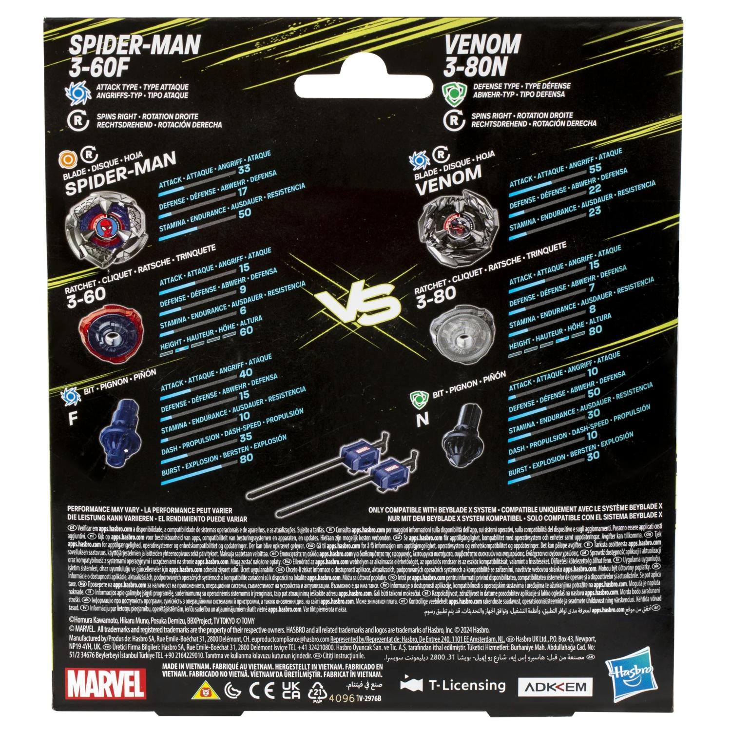 Hasbro 218842 Beyblade X Marvel Collab Spider-Man 3-60F vs. Venom 3-80N Multipack Set