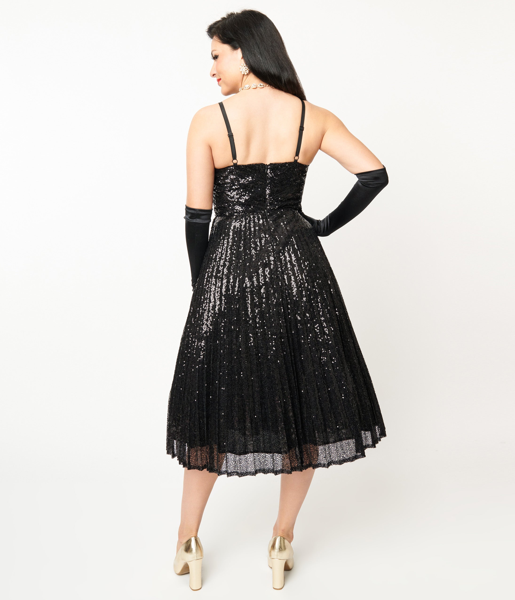 Unique Vintage 1950s Black Pleated Sequin Swing Dress