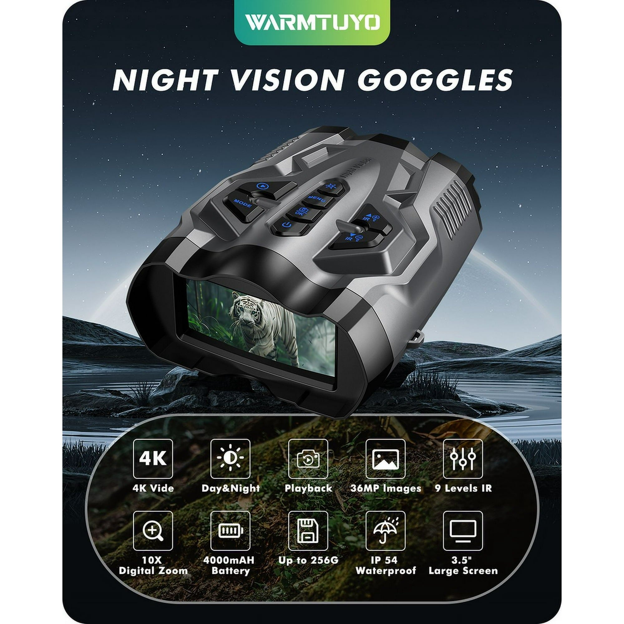 WARMTUYO 9 Level Infrared Night Vision Goggles with HD Video and Photo Modes, Black