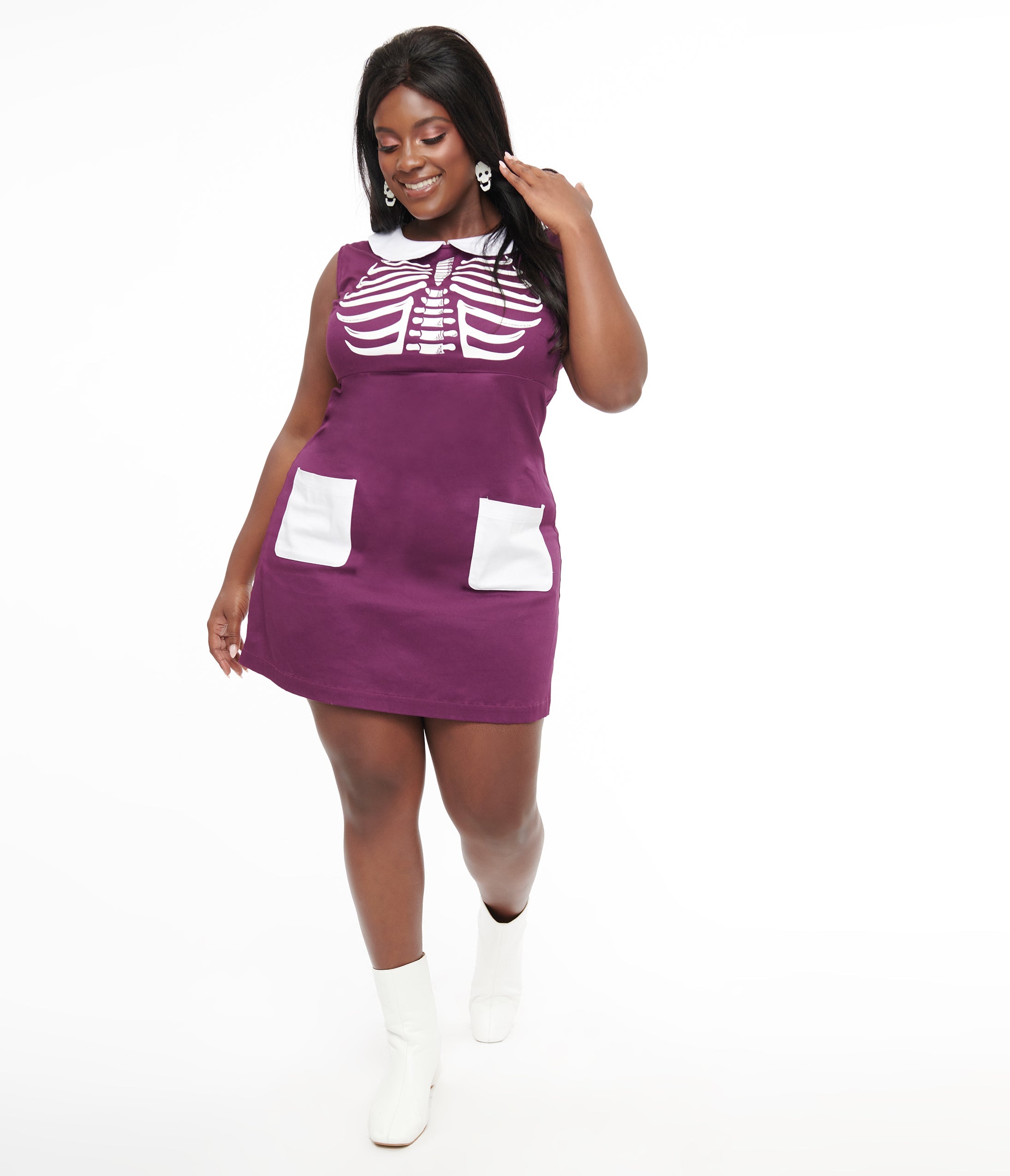 Smak Parlour Plus Size 1960s Purple & White Skeleton Power Mini Dress