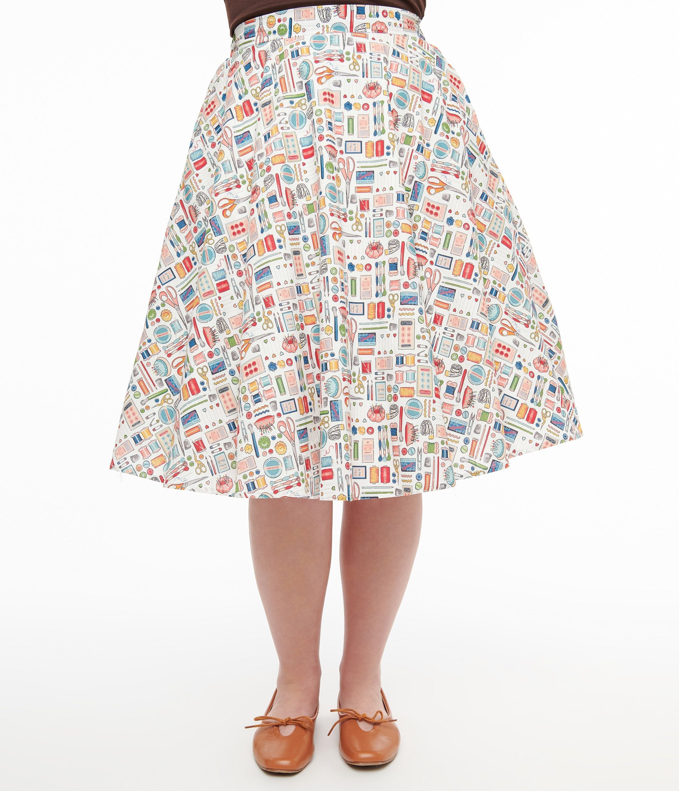 1950s White Sewing Print Cotton Swing Skirt