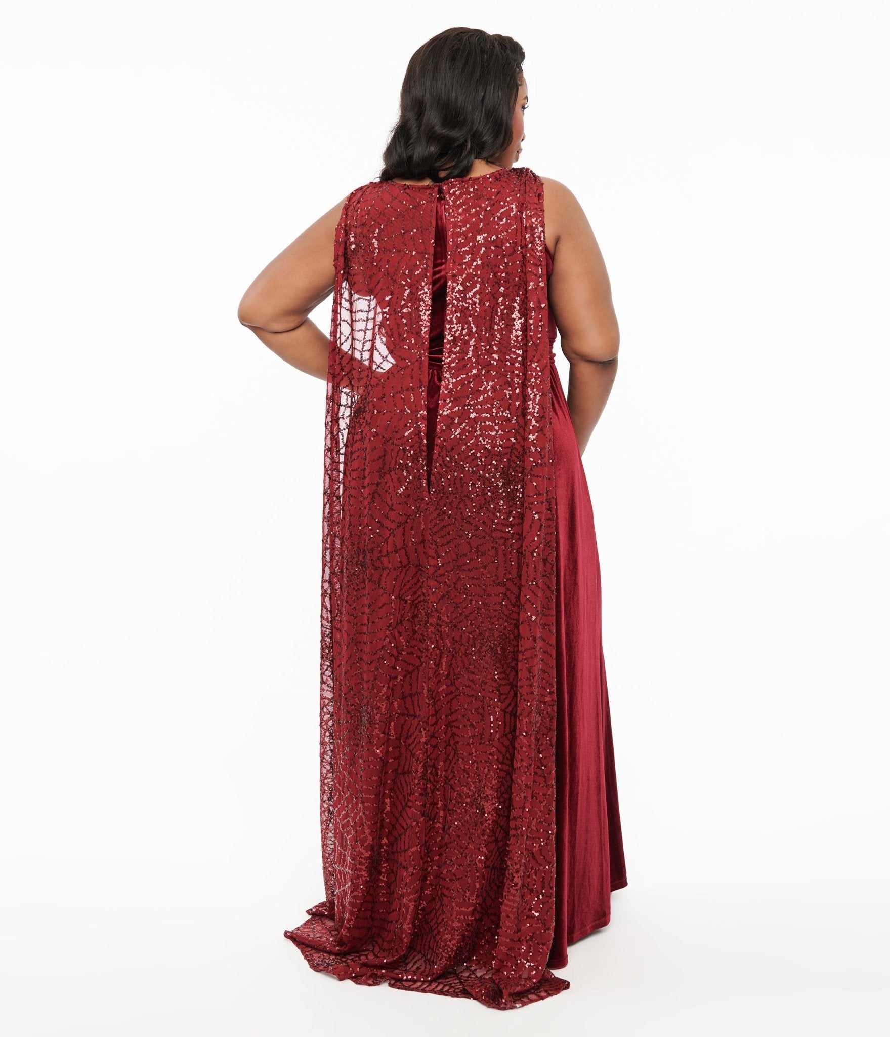 Disney Hocus Pocus Collection by Unique Vintage Plus Size Hocus Pocus Burgundy Velvet & Spiderweb Sequin Cape Gown