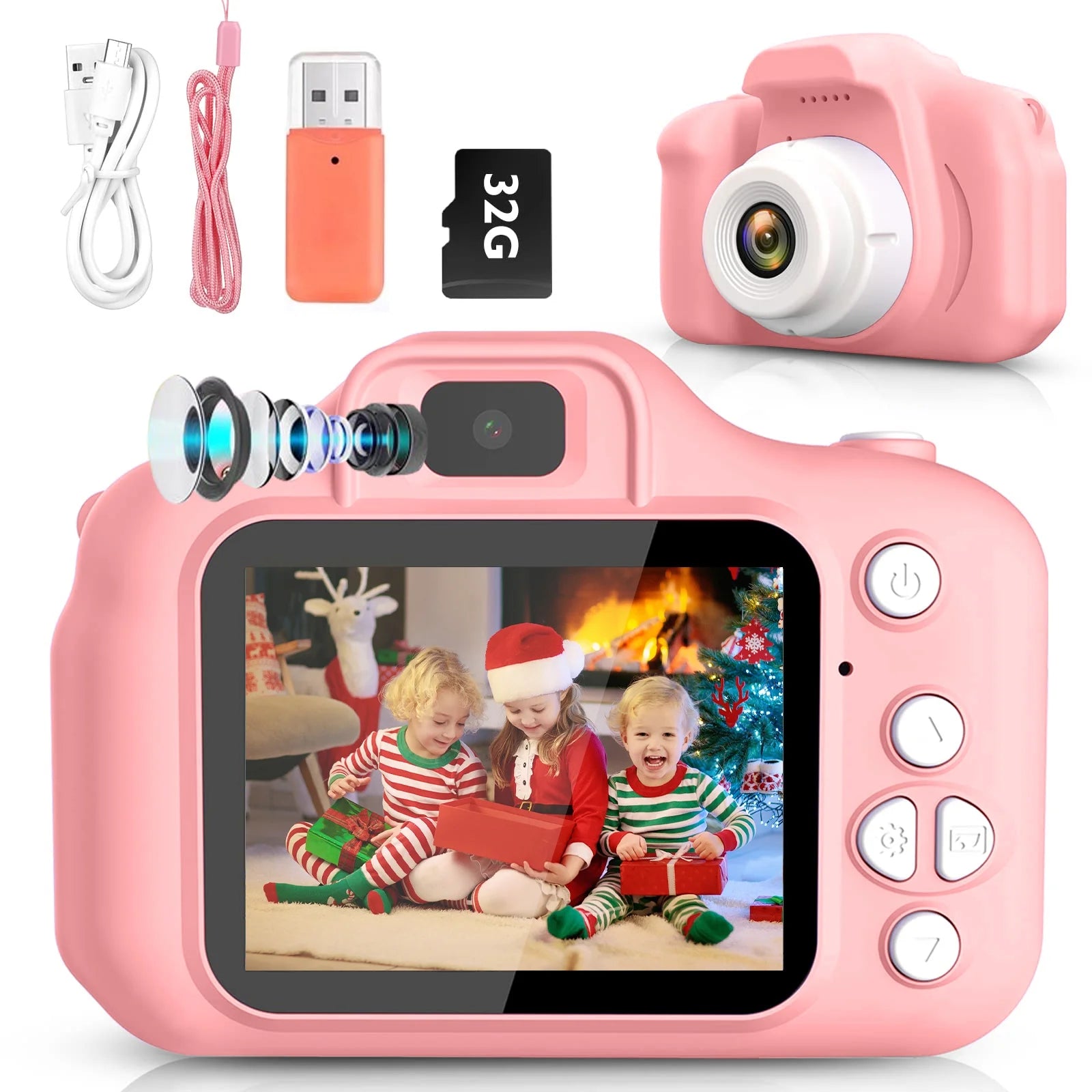 SANMADROLA 20MP Kids HD Digital Video Camera with 32GB SD Card, Pink