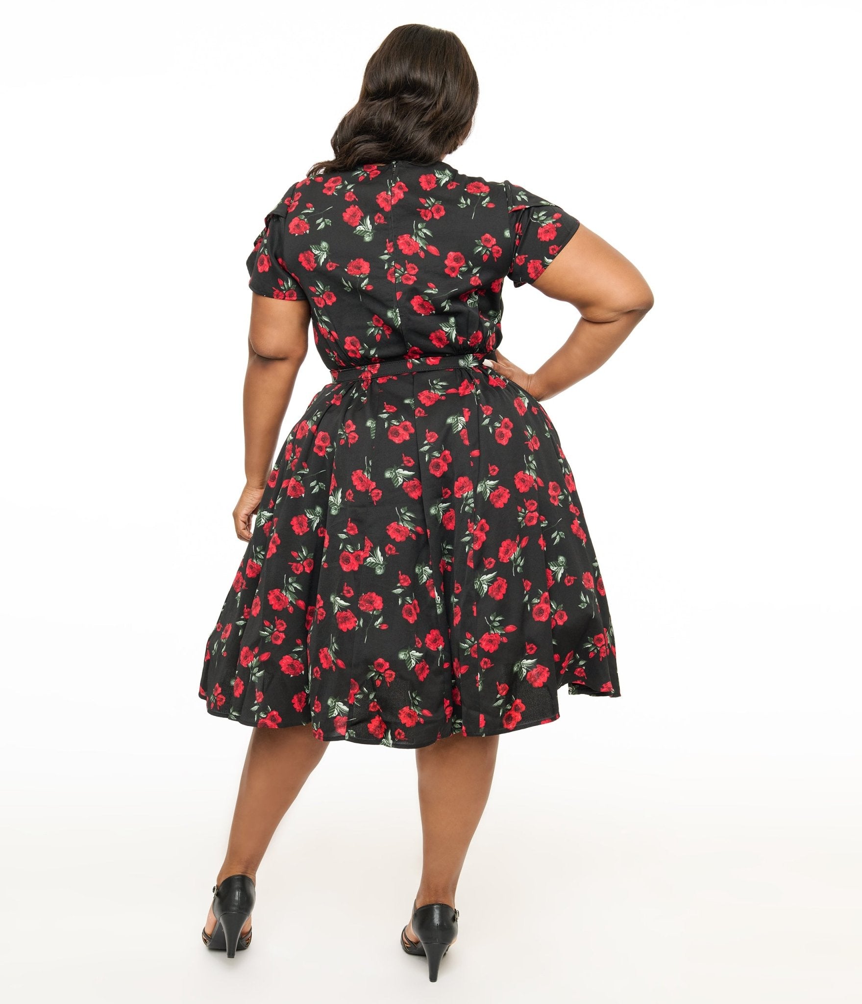 Unique Vintage Plus Size 1940s Black & Red Floral Print Tulip Sleeve Swing Dress