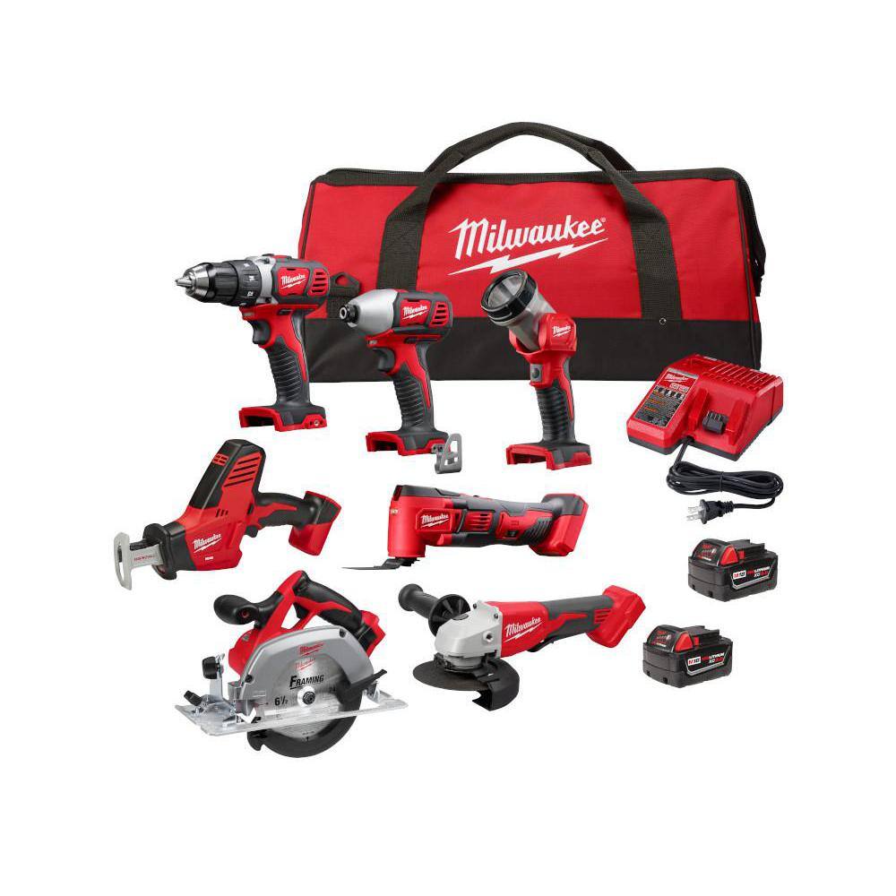 Milwaukee 2695-27SH M18 18-Volt Lithium-Ion Cordless Combo Kit 7-Tool with 2-Batteries, Charger and Tool Bag