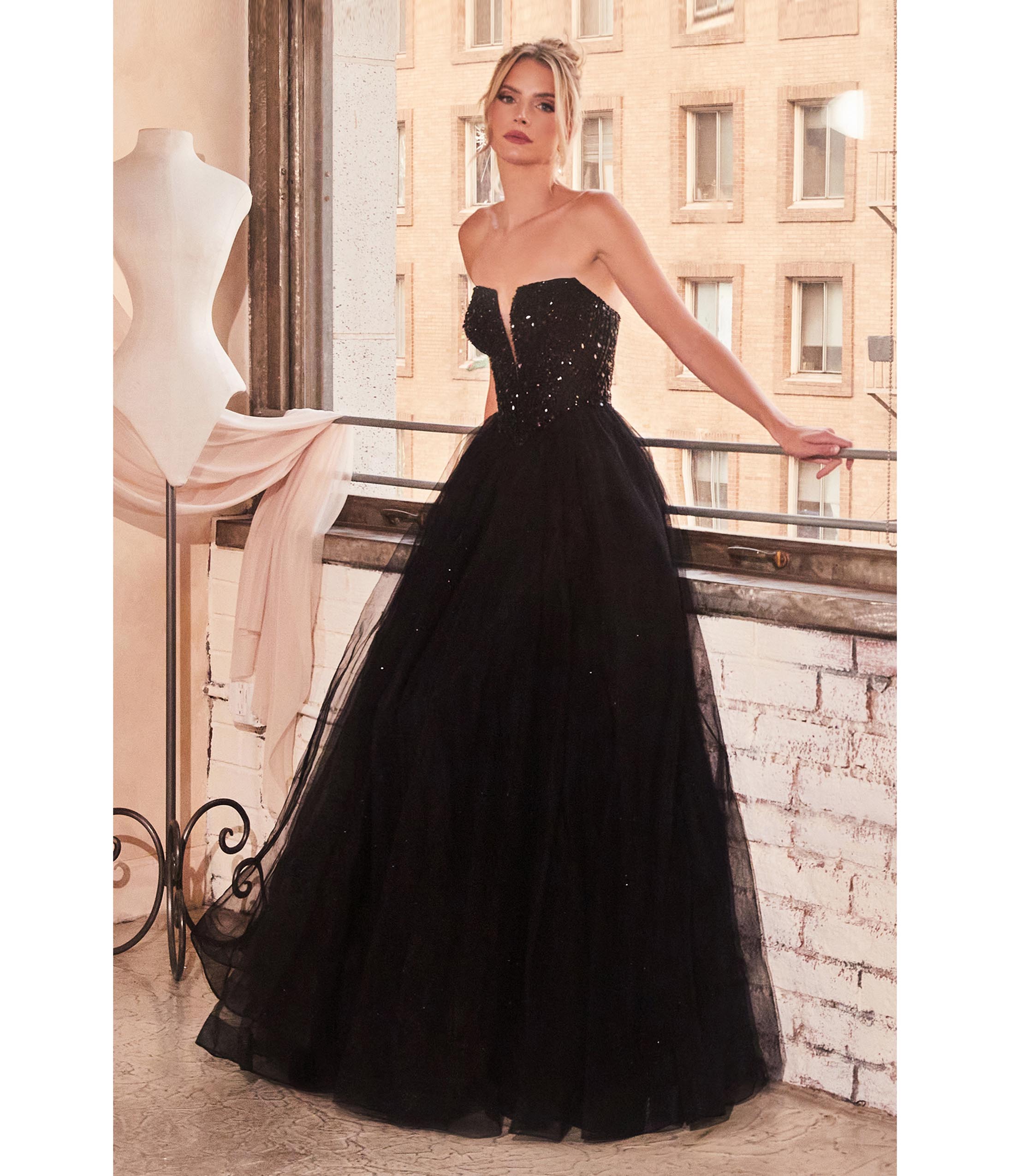 Ladivine by Cinderella Divine Black Glitter Bodice & Tulle Prom Ball Gown