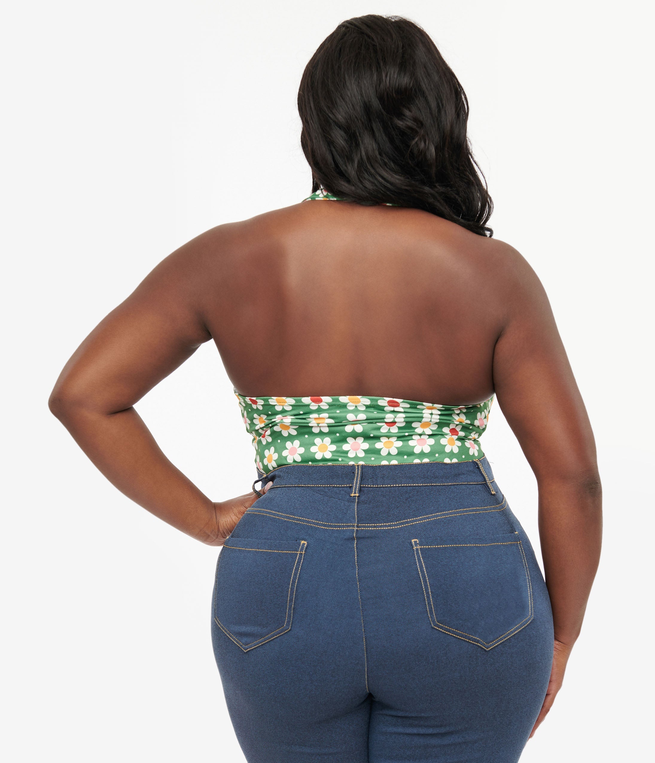 Unique Vintage Plus Size Olive Green Daisy Halter Bodysuit