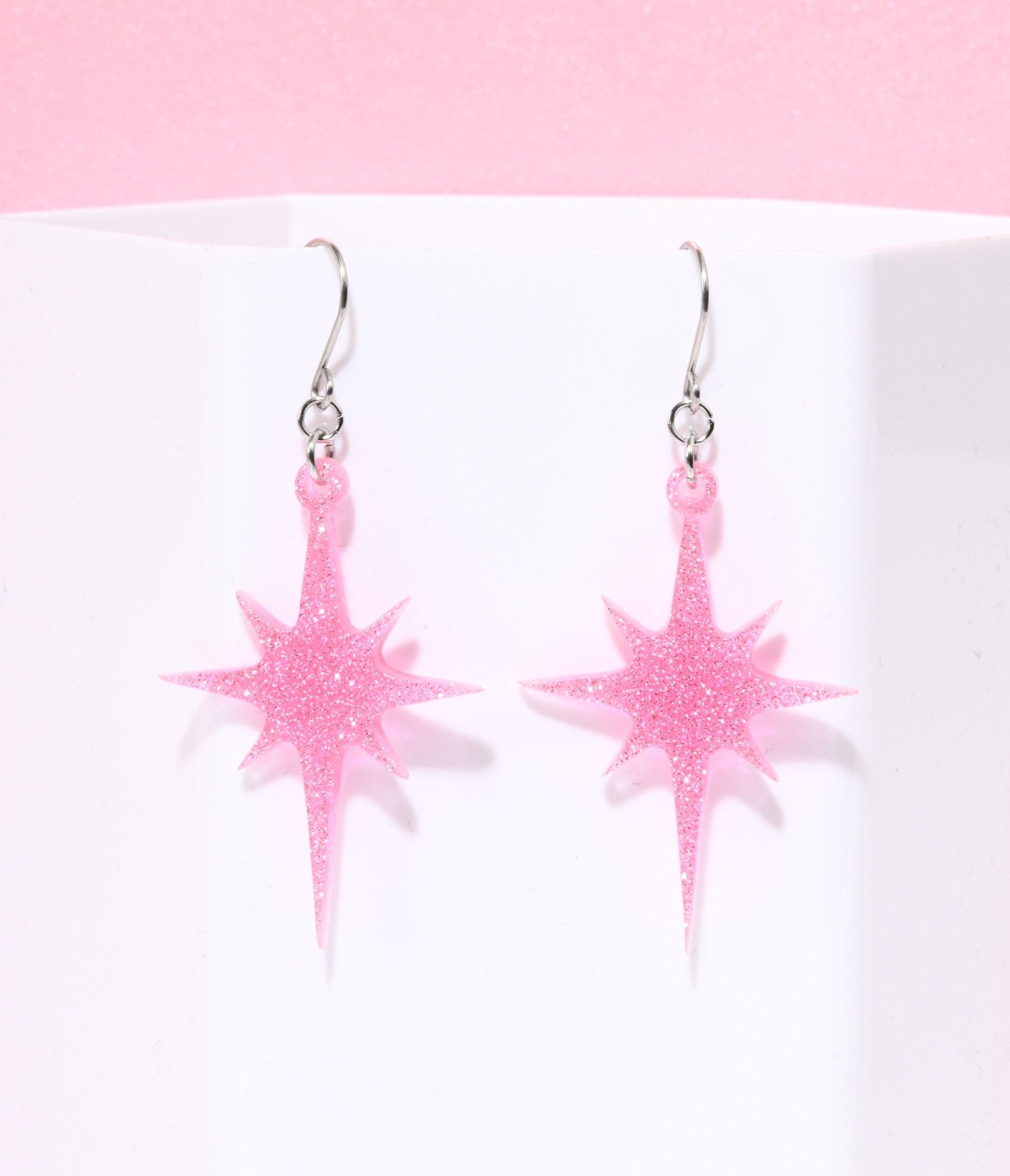 Pink Glitter Atomic Star Dangle Earrings