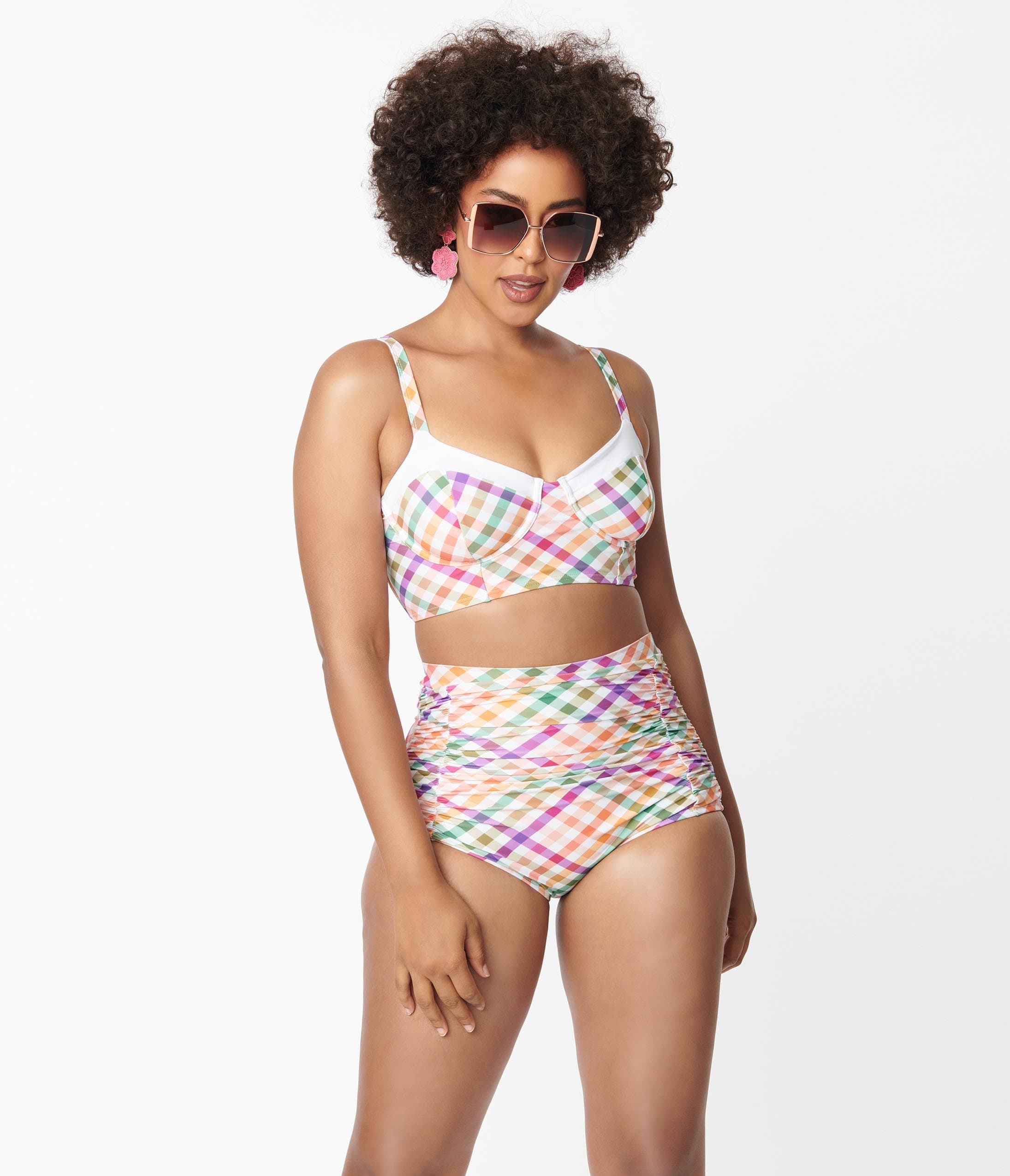 Unique Vintage Pastel Madras Gingham Marlene Crop Swim Top