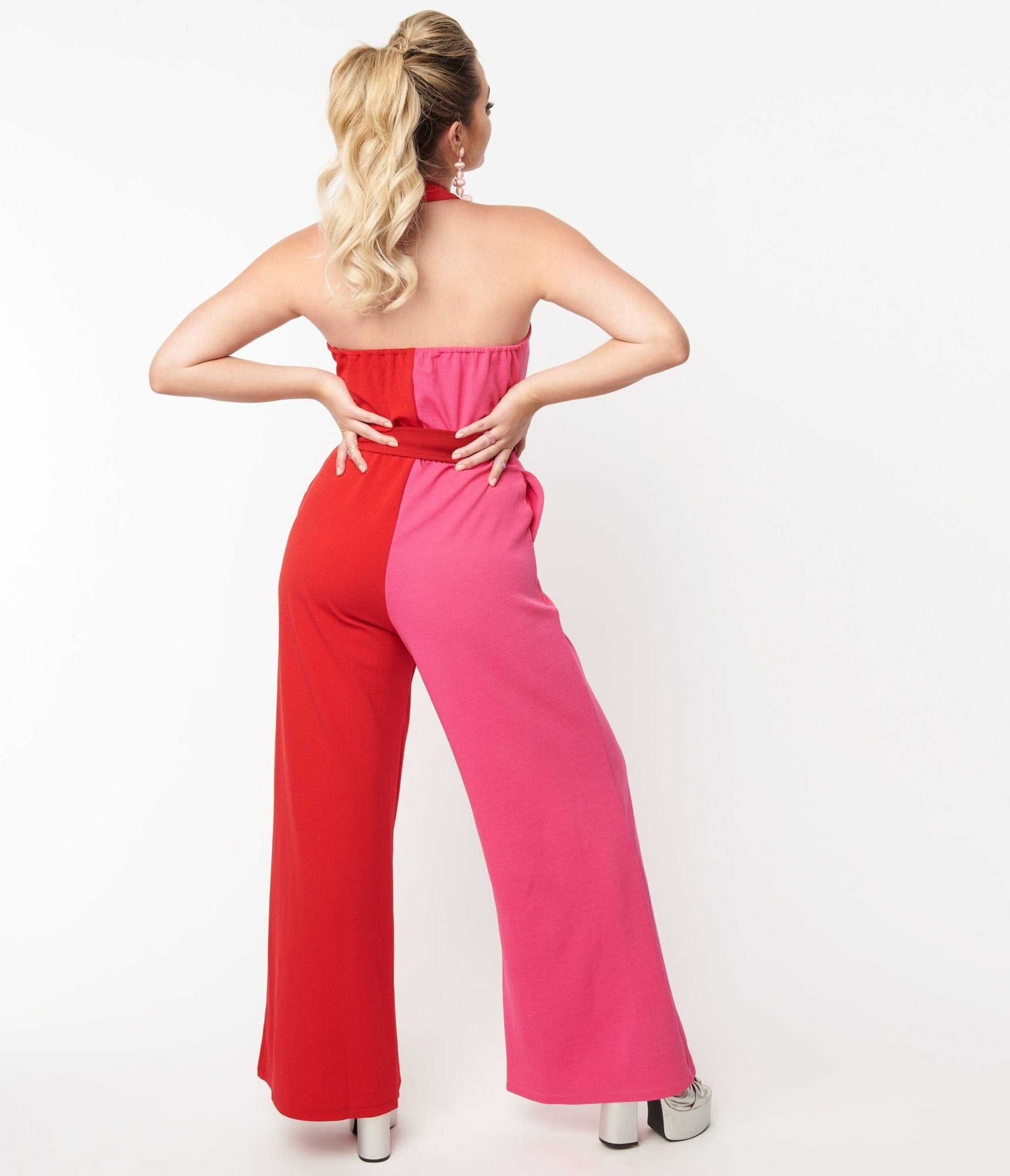 Smak Parlour 1970s Red & Pink Colorblock Draped Darling Jumpsuit