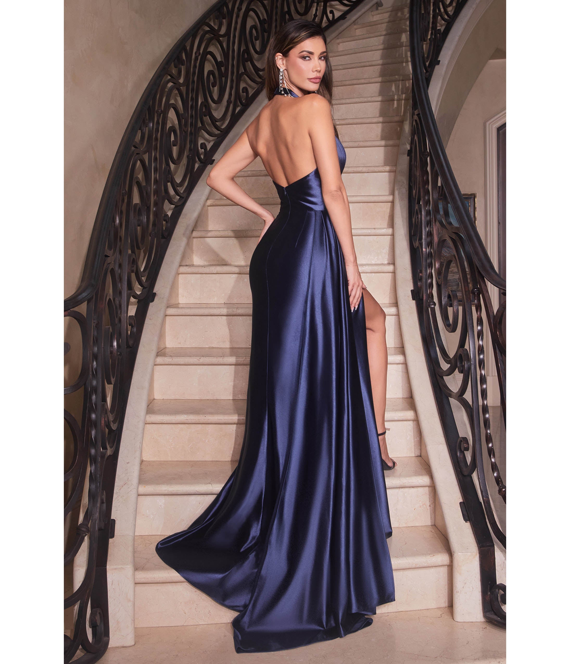 Ladivine by Cinderella Divine Navy Pleated Satin Halter Fitted Slit Dress