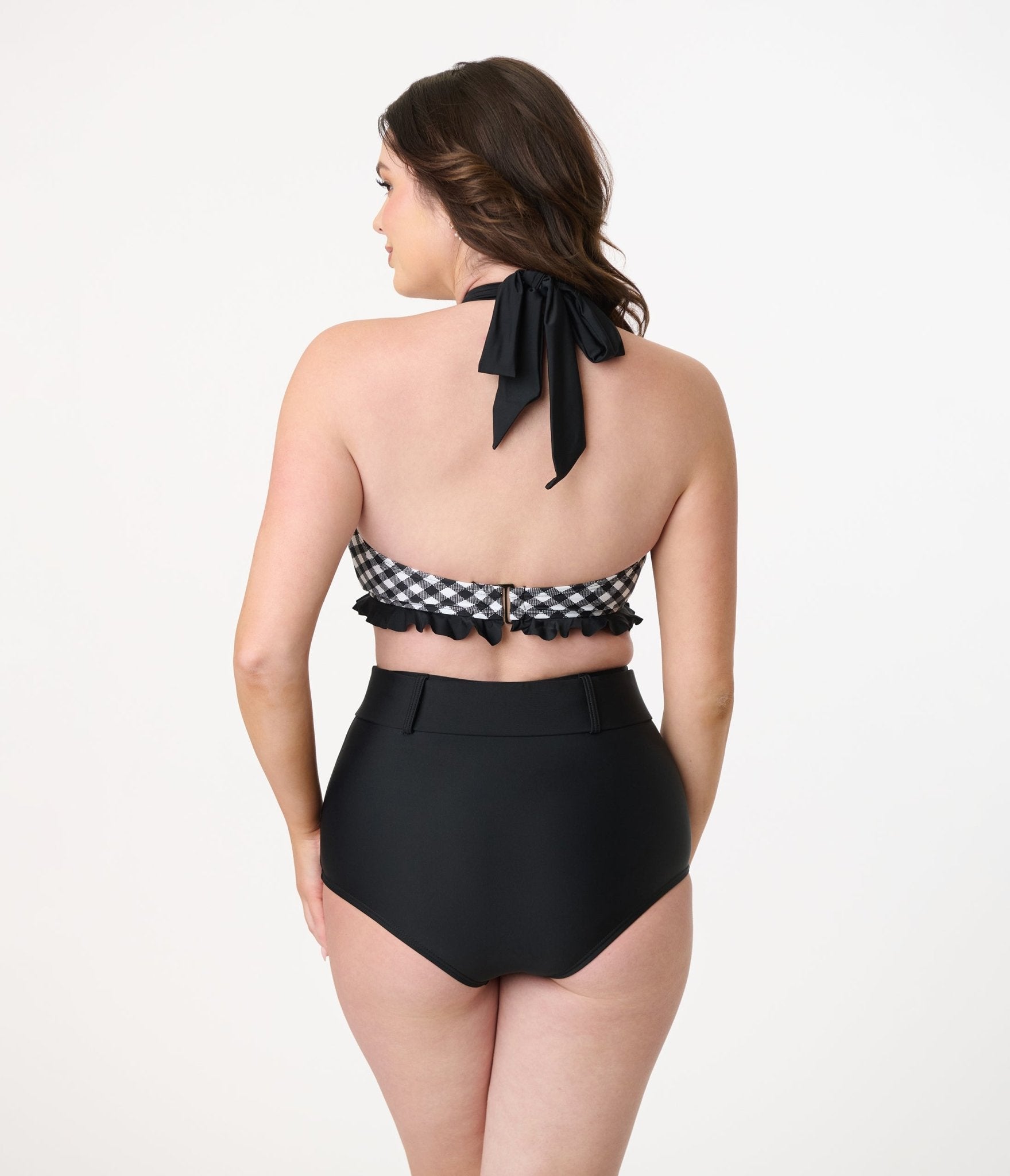 Unique Vintage Black & White Bias Gingham Twist Front Halter Swim Top