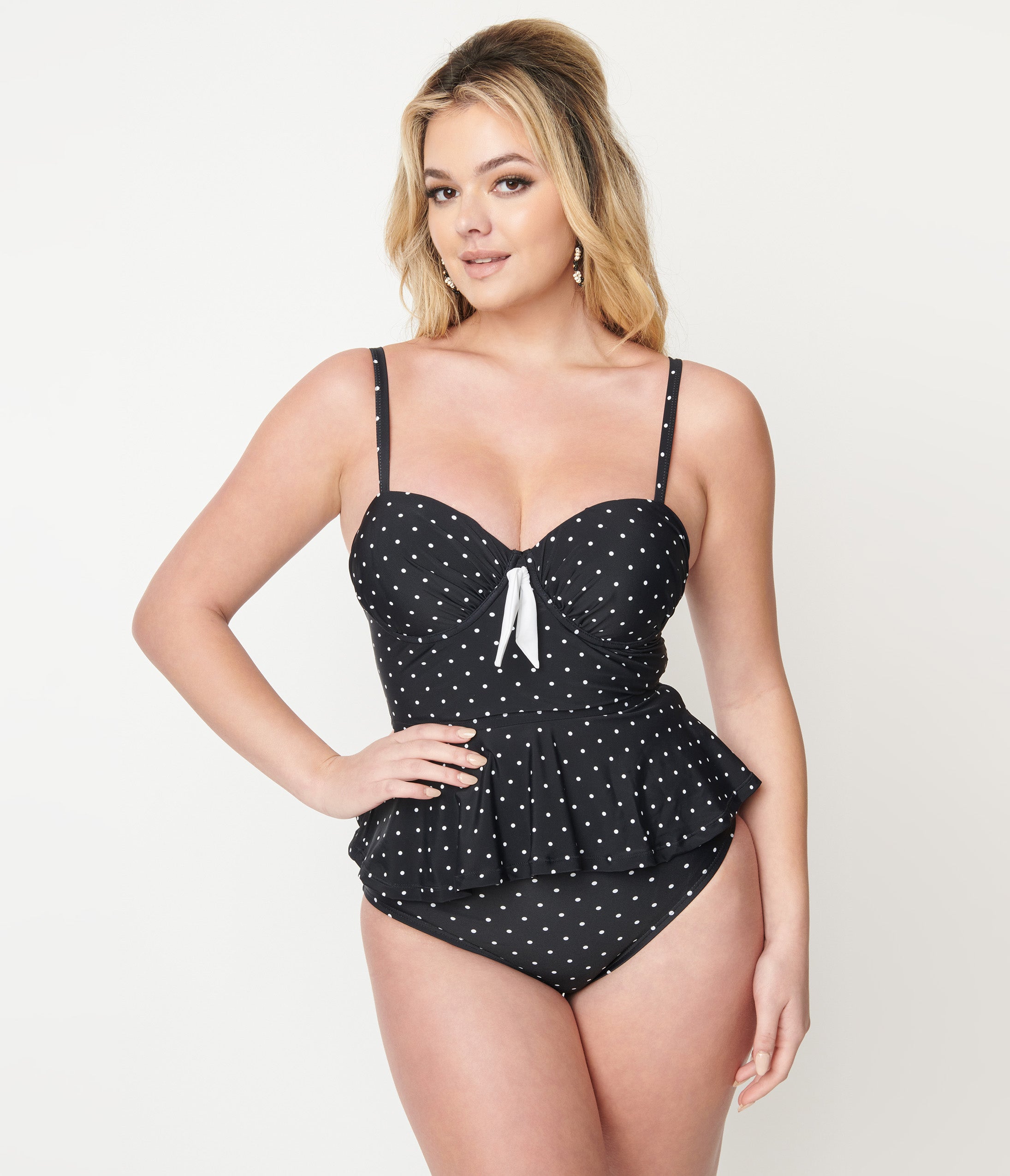 Unique Vintage Black & White Pin Dot Peplum Solana Tankini Swim Top