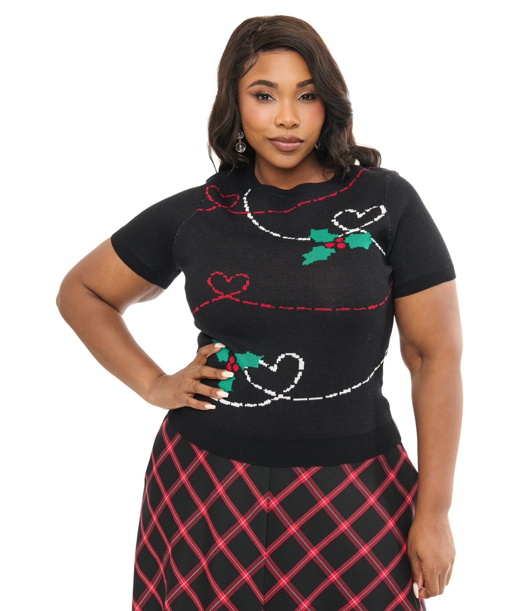 Hell Bunny Plus Size 1950s Festive Hearts & Holly Print Angelica Knit Top