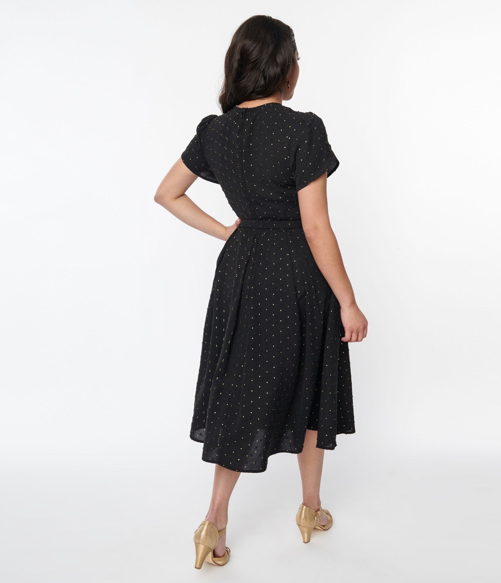 Unique Vintage Black & Gold Clip Dot Dahlia Swing Dress