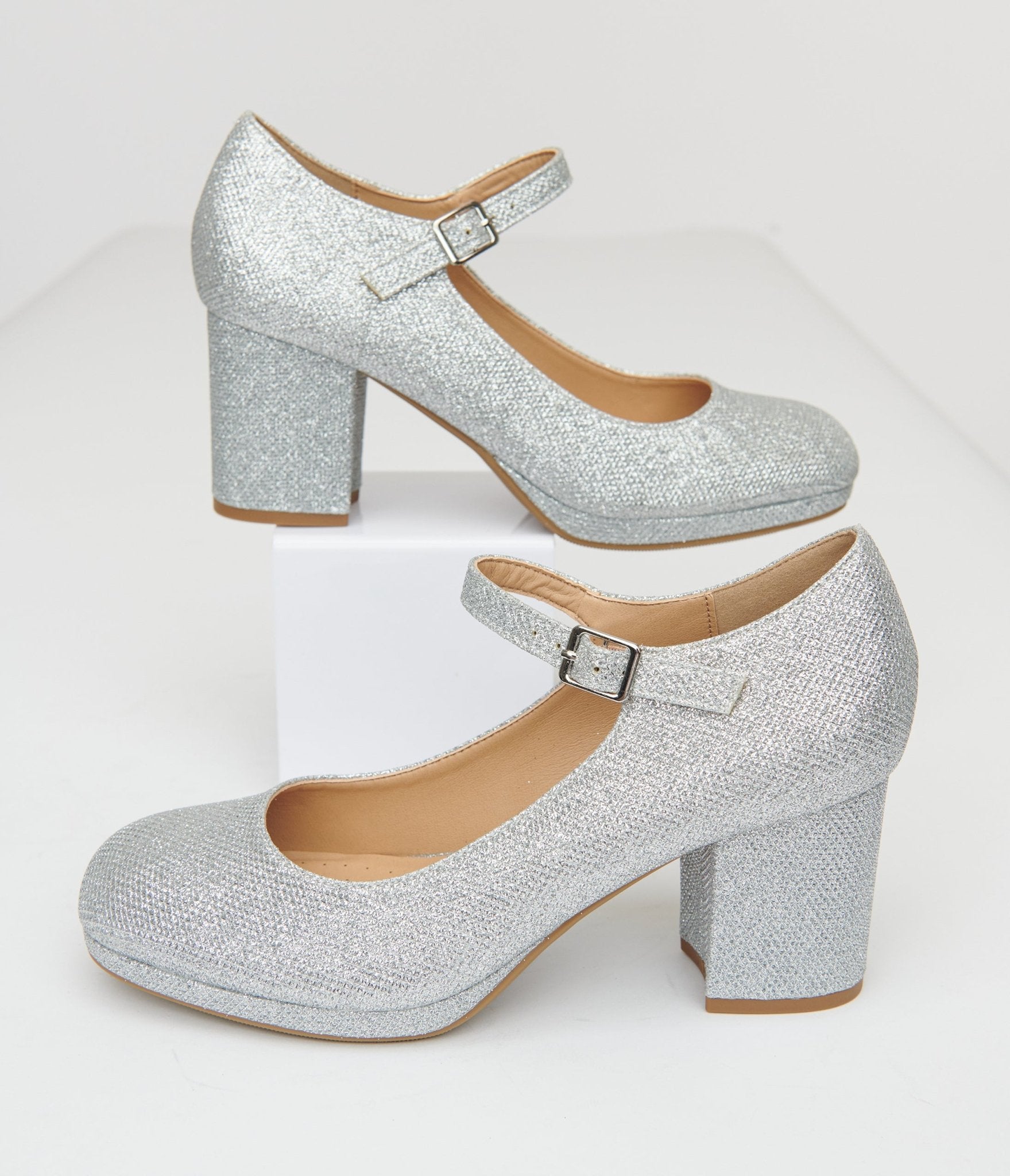 1950s Silver Square Toe Mary Jane Pumps