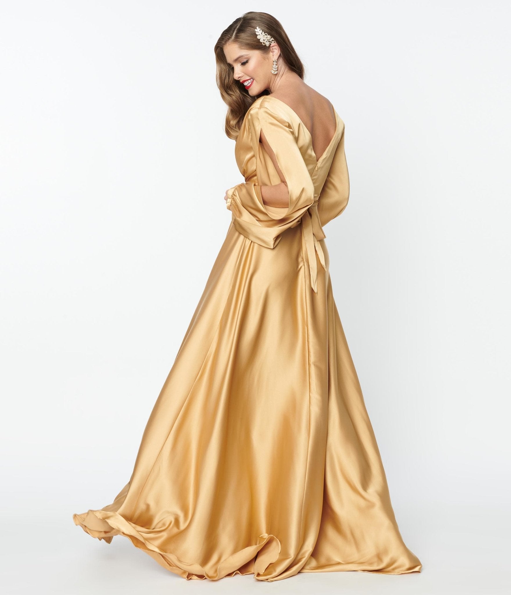 Gold Satin Long Sleeve Goddess Gown