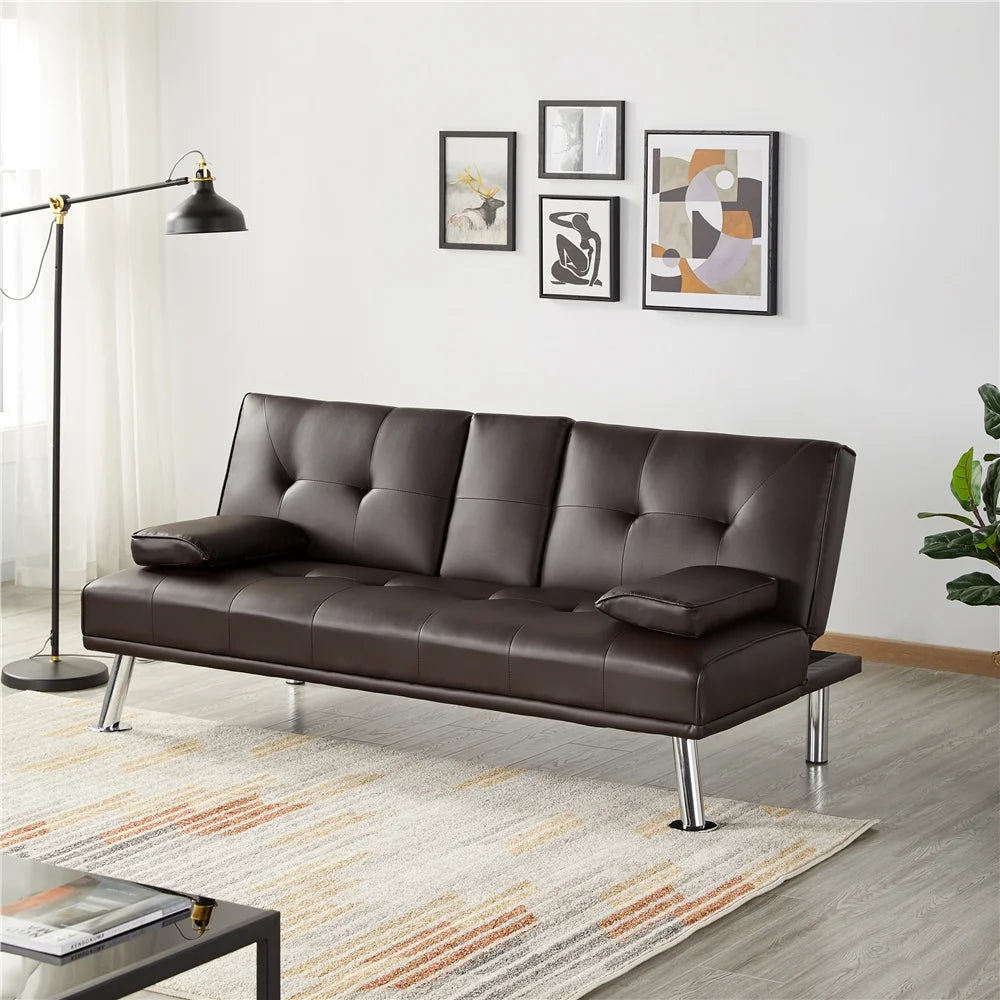 Renwick WDvhxc0002 LuxuryGoods Modern Faux Leather Futon W/Cupholders & Pillows, Espresso