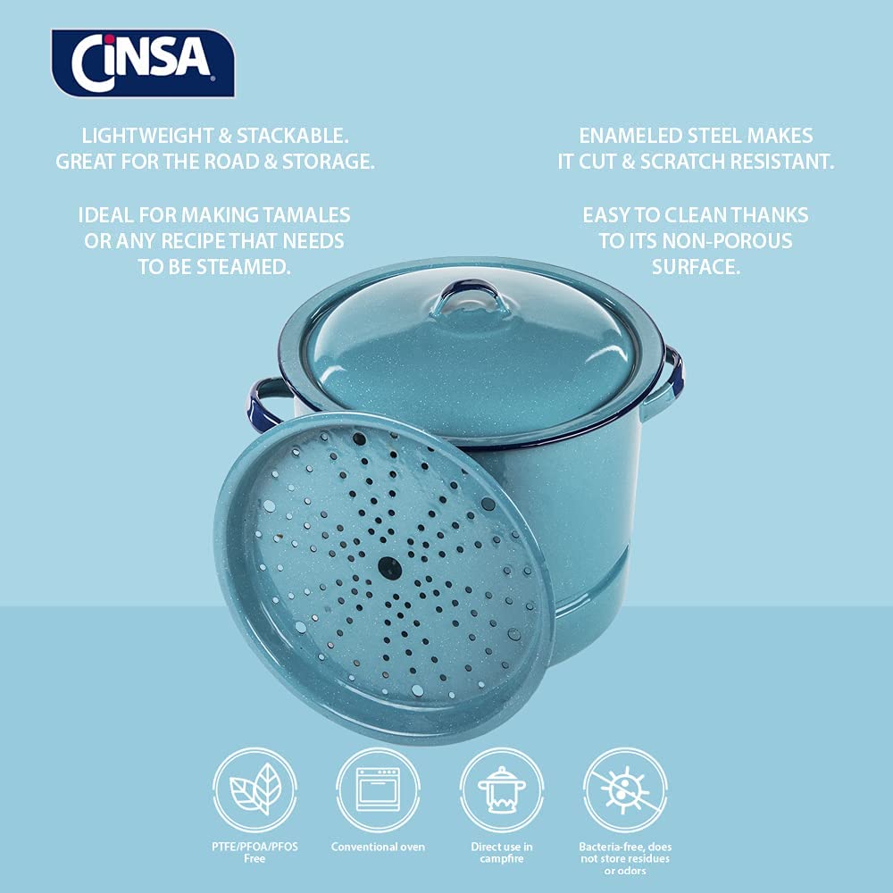 Cinsa 312129 Enamel on Steel 15 Quart Steamer Pot with Lid and Trivet, Blue