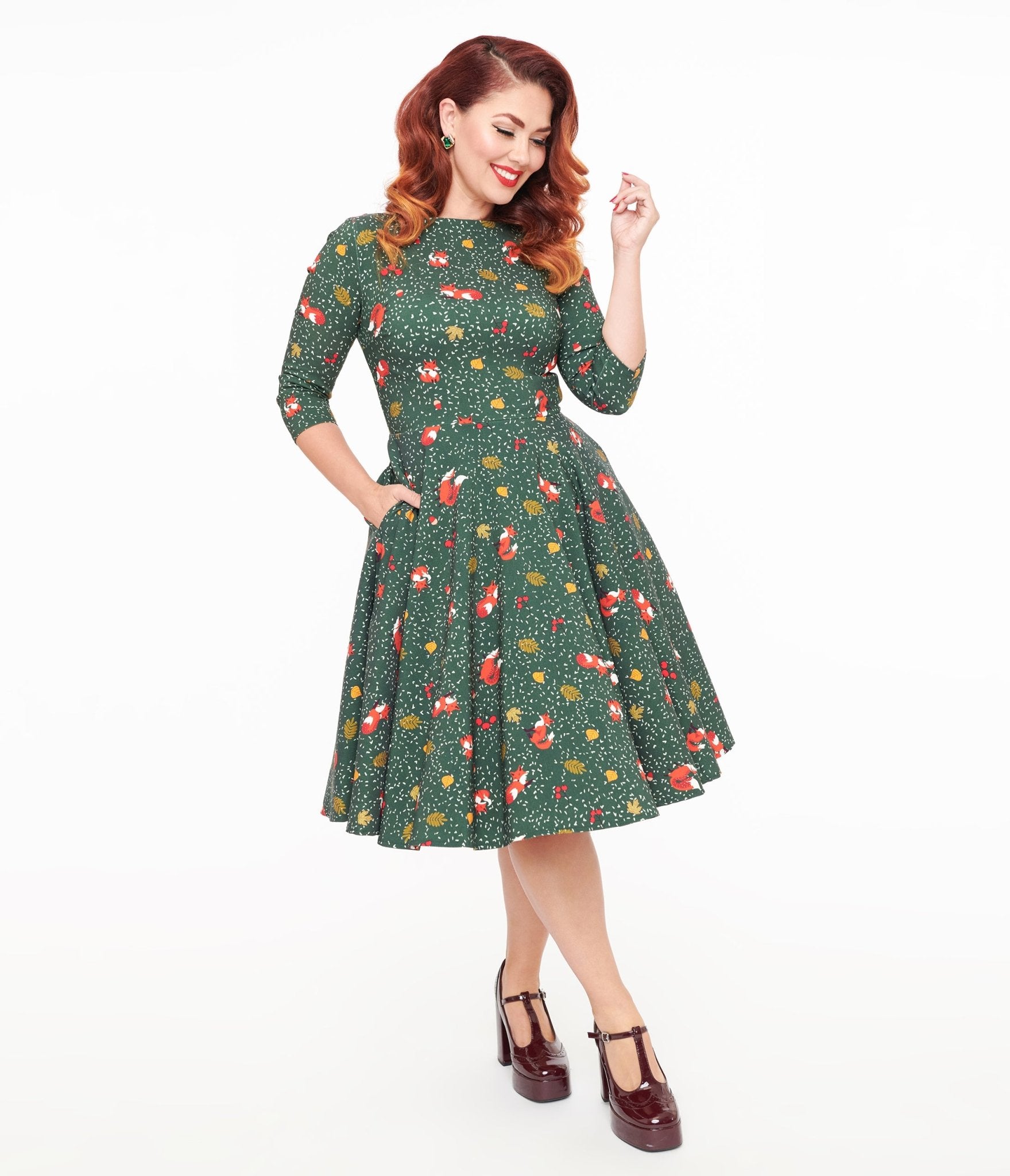 Unique Vintage 1950s Green Winter Fox Devon Swing Dress