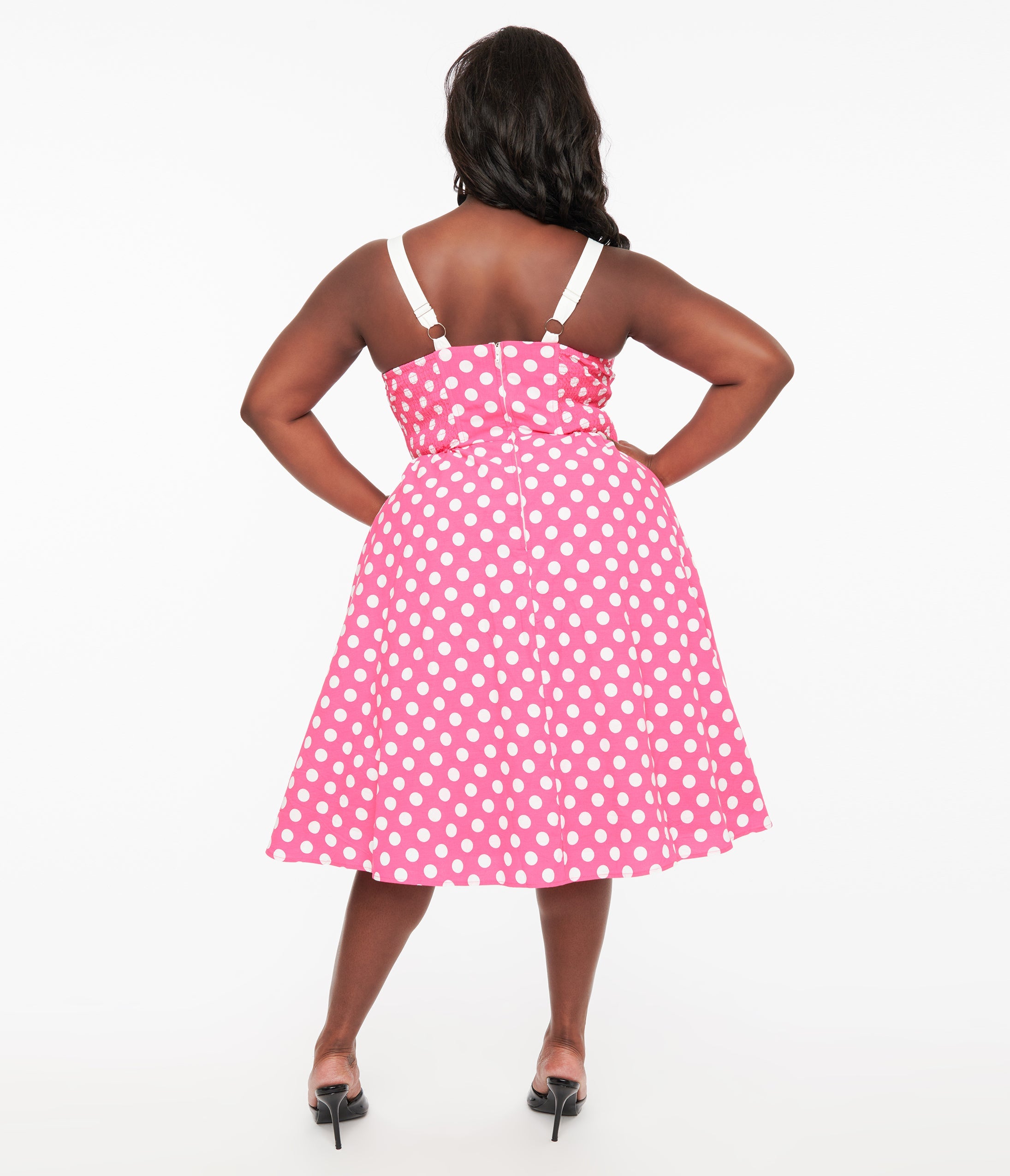 Unique Vintage Plus Size 1950s Hot Pink & White Polka Dot Cotton Swing Dress