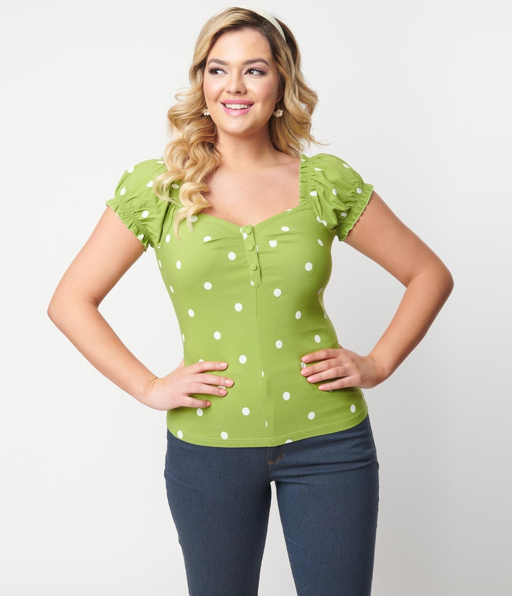 Unique Vintage Green & White Polka Dot Sweetheart Loretta Top