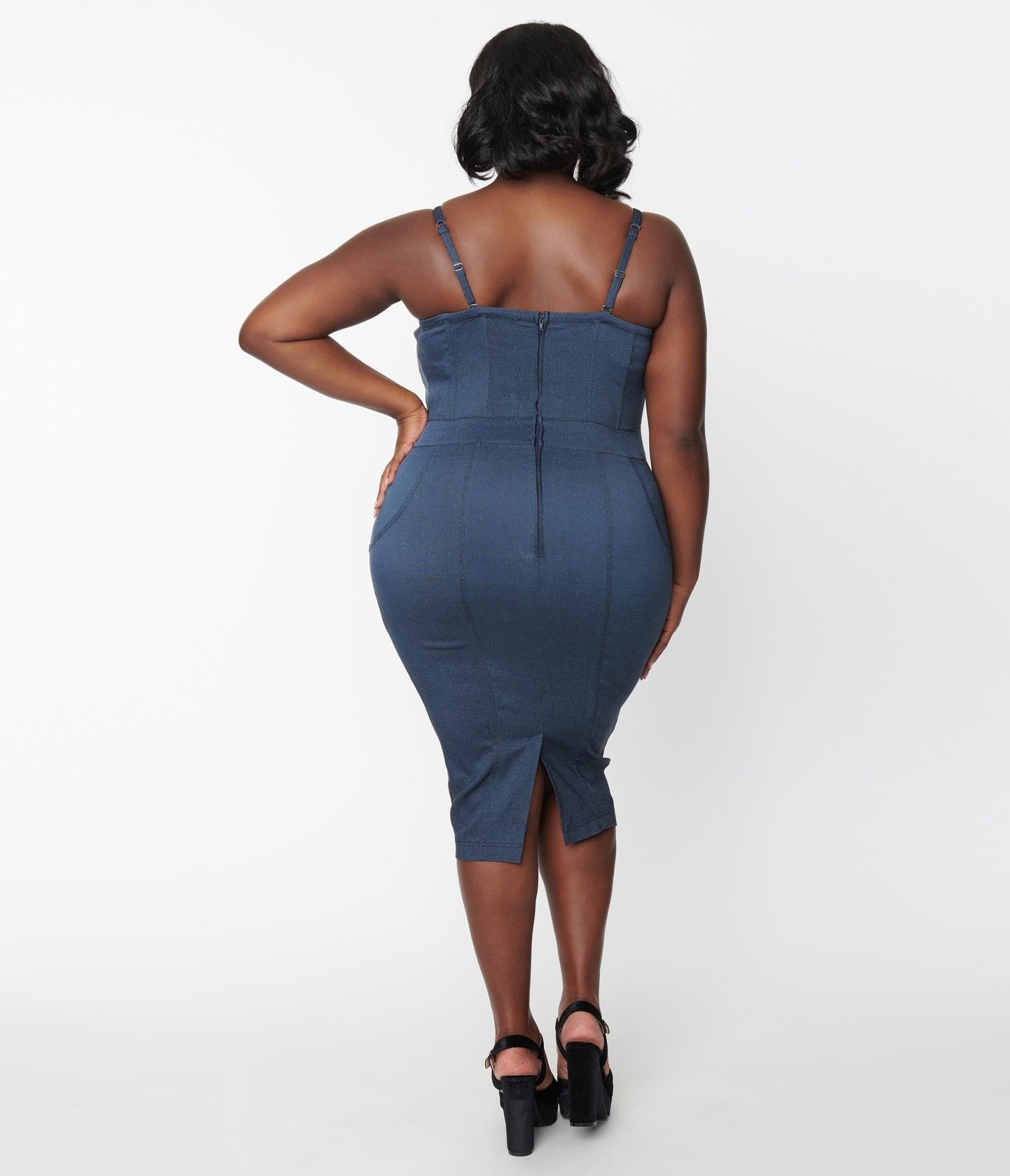 Unique Vintage Plus Size Dark Denim Corset Ellison Wiggle Dress