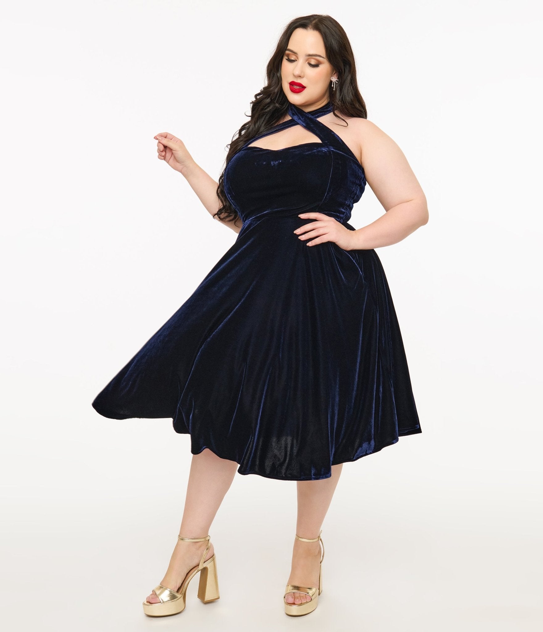 Unique Vintage Plus Size 1950s Navy Velvet Criss Cross Halter Rita Flare Dress