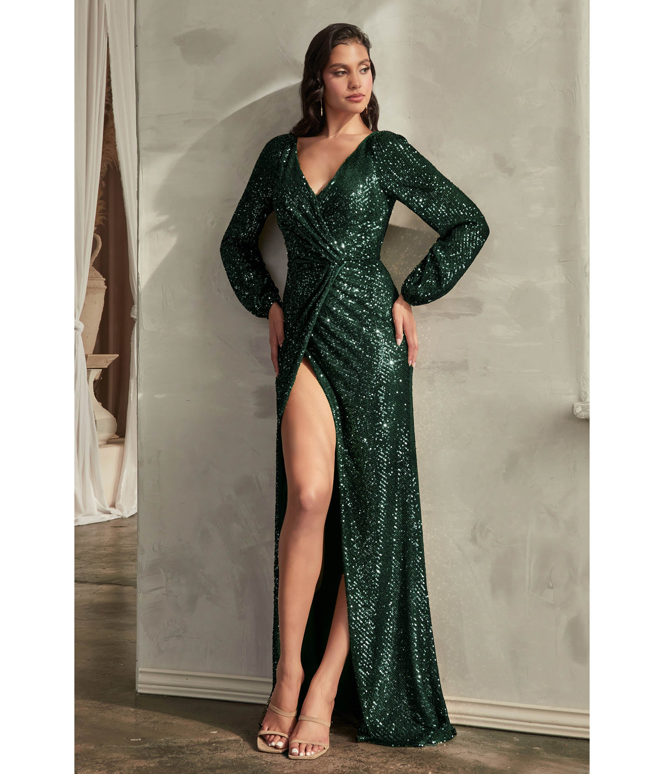 Ladivine by Cinderella Divine Emerald Sequin Long Sleeve Slit Evening Gown