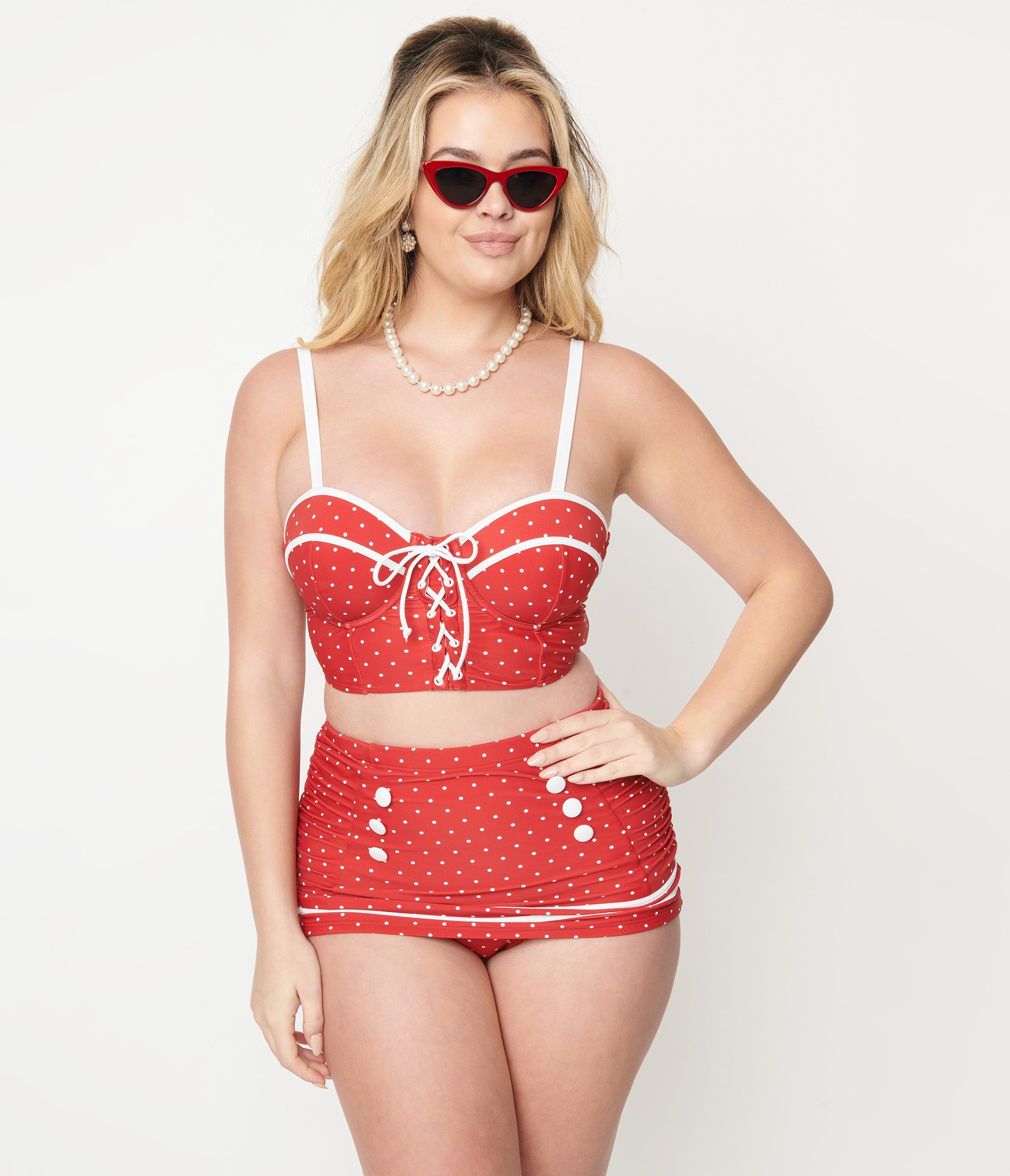 Unique Vintage Red Pin Dot Lace Up Swim Top