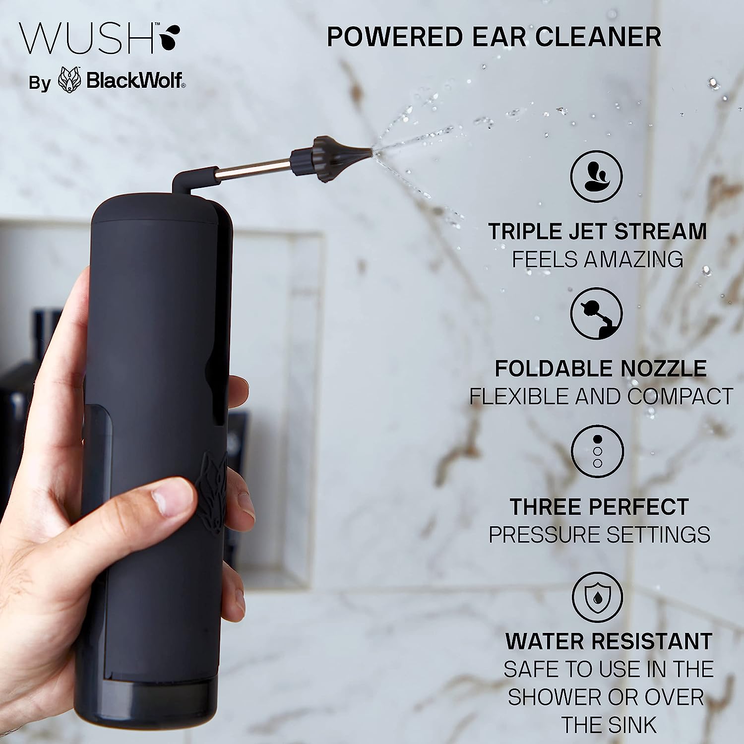 Black Wolf Wush Pro Water Powered Ear Cleaner Electric Triple Jet Stream with 3 Pressure Settings For Ear Wax Buildup Ear Wax Removal Kit Water Resistant USB Rechargeable