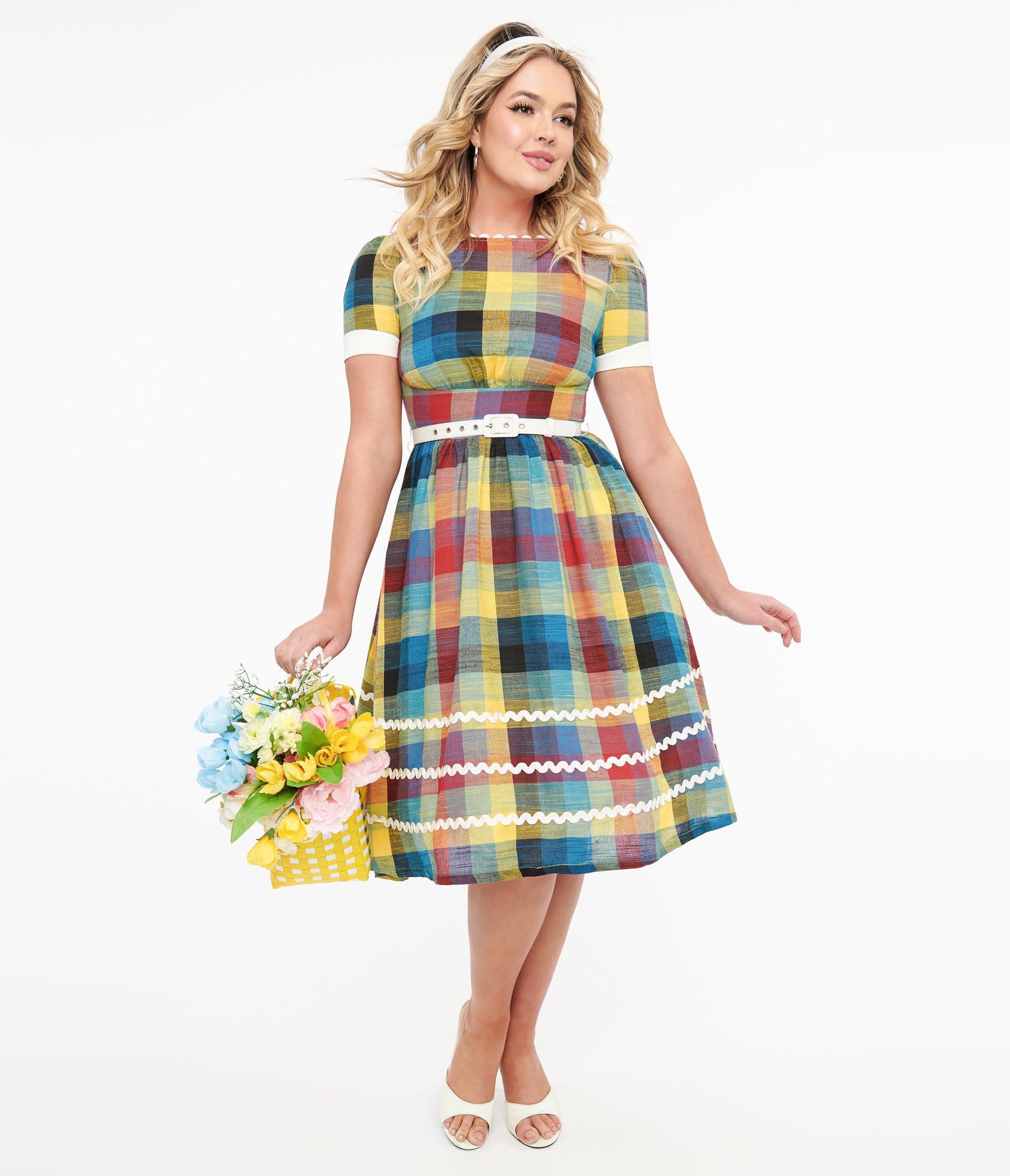 Unique Vintage 1950s Multicolor Plaid Cotton Swing Dress